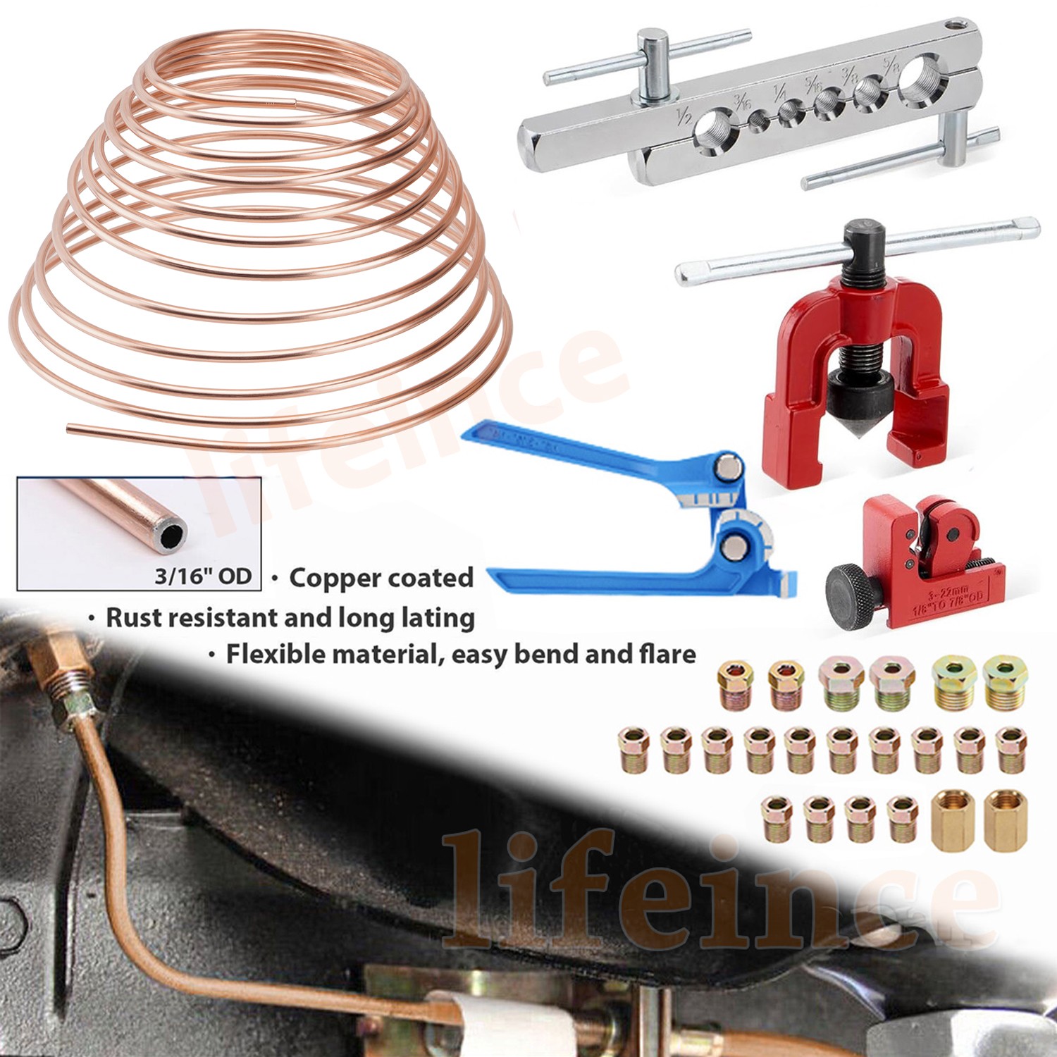 Brake Line Pipe Repair Kit 3/16 25ft Copper Pipe & Flaring Tool 20 Nuts Fittings