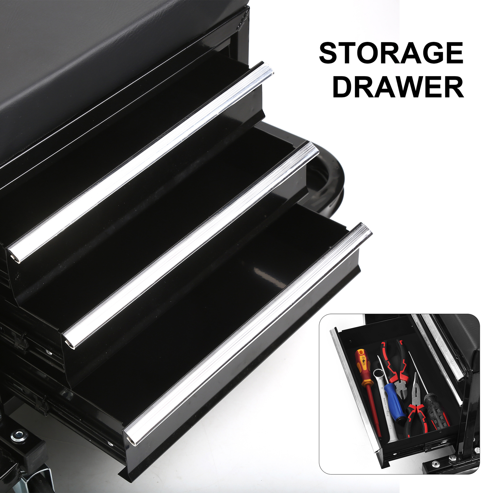 350LB Mechanics Roller Seat Tool Box w/ Magnetic Pads 3-Drawer,Cushion,Rear Tray
