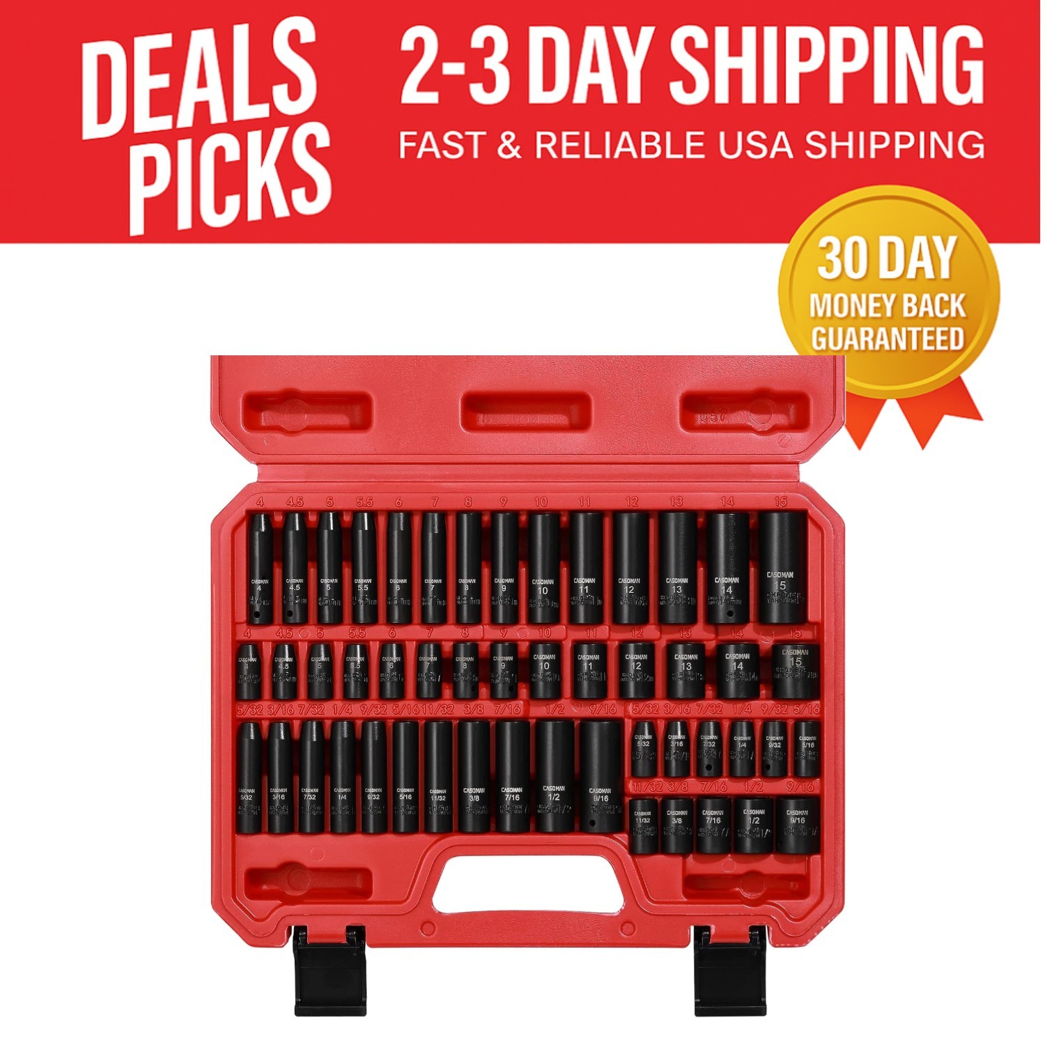 Versatile 50-Piece Socket Set, 6-Point Design for Standard & Deep Applications