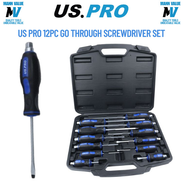 US PRO 12PC Go Through Screwdriver Set Slotted & Philips With Spanner Drive 1610