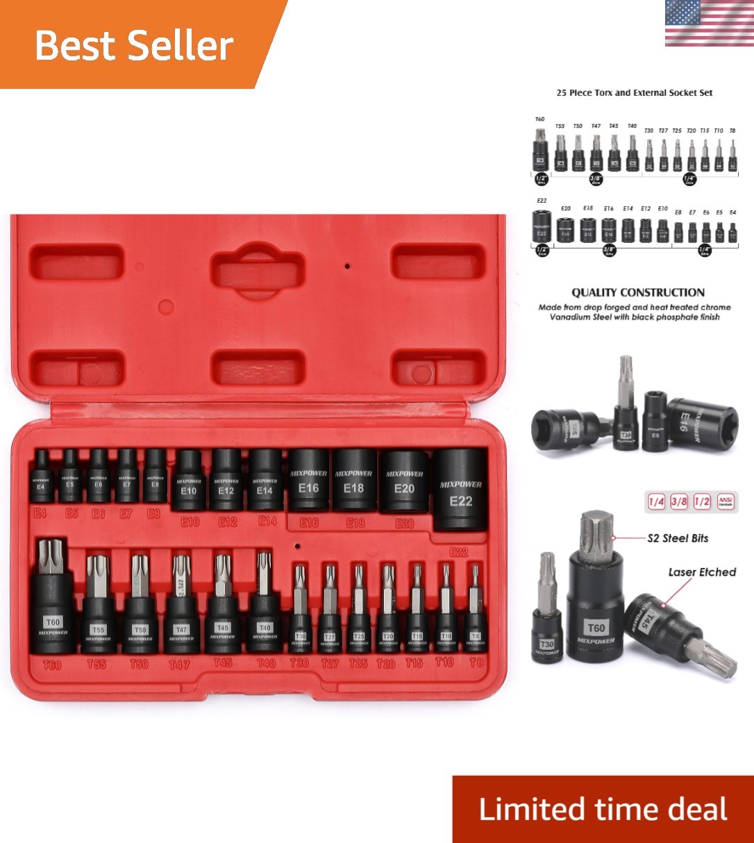 Complete 25-Piece Torx Bit and E-Socket Set – ANSI Compliant Mechanic Tools