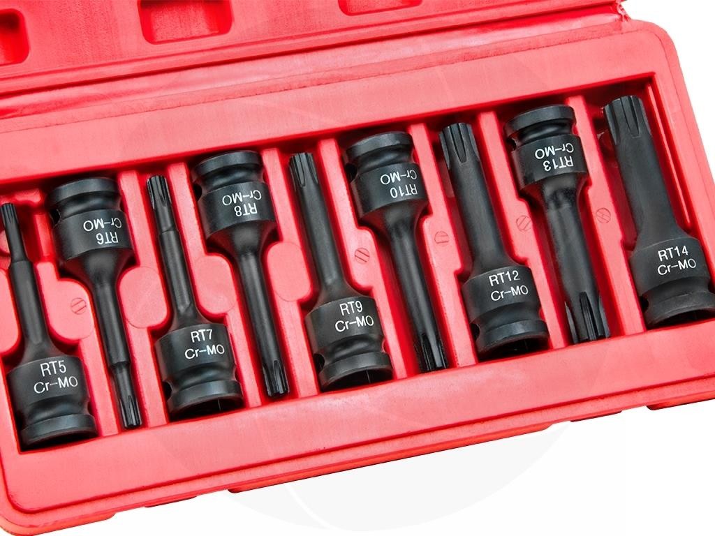 9pcs 1/2inch Drive Long RT5-RT14 Ribe Cr-Mo Impact Wrench Sockets Bits Set