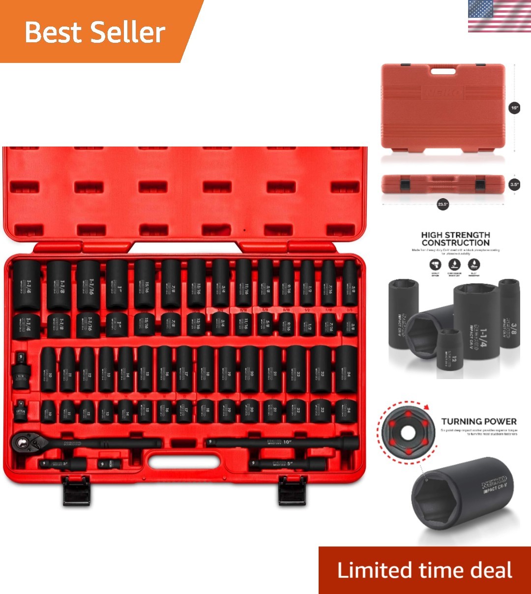 Brand New Impact Socket Set, 65 Piece, Standard SAE & Metric, Deep & Shallow Kit