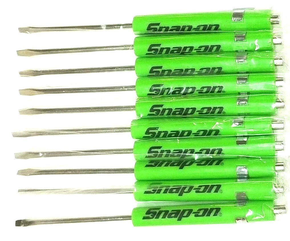 SNAP ON TOOLS 10 TEN Snap On Pocket Screwdrivers Flat Tip GREEN MAGNETIC END