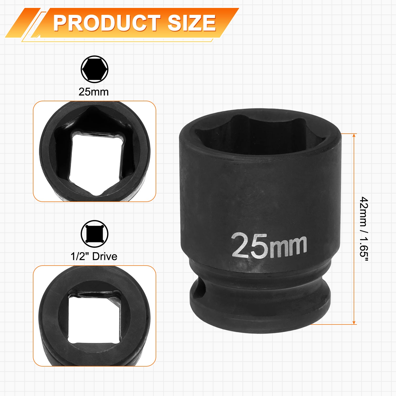 6 Point Impact Socket 25mm Socket 1/2″ Drive 1.65″ Long Cr-Mo Steel Phosphated