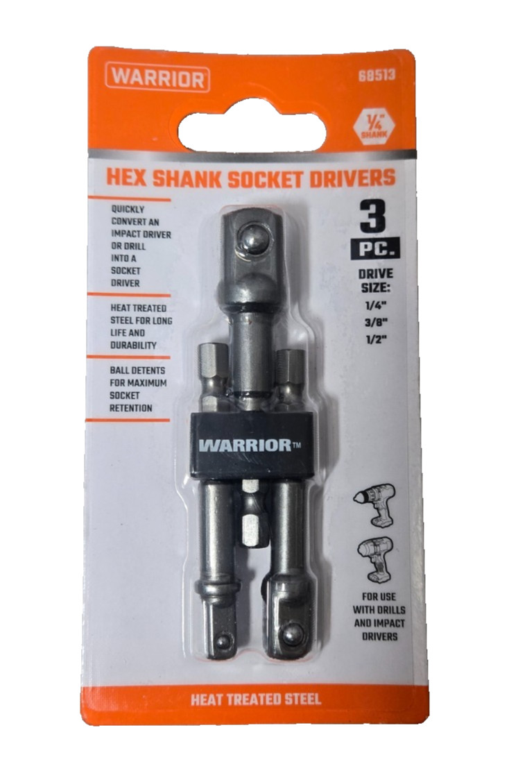 Warrior Hex Shank Socket Drivers for Drills/Impacts – 3-piece – 1/4″, 3/8″, 1/2″