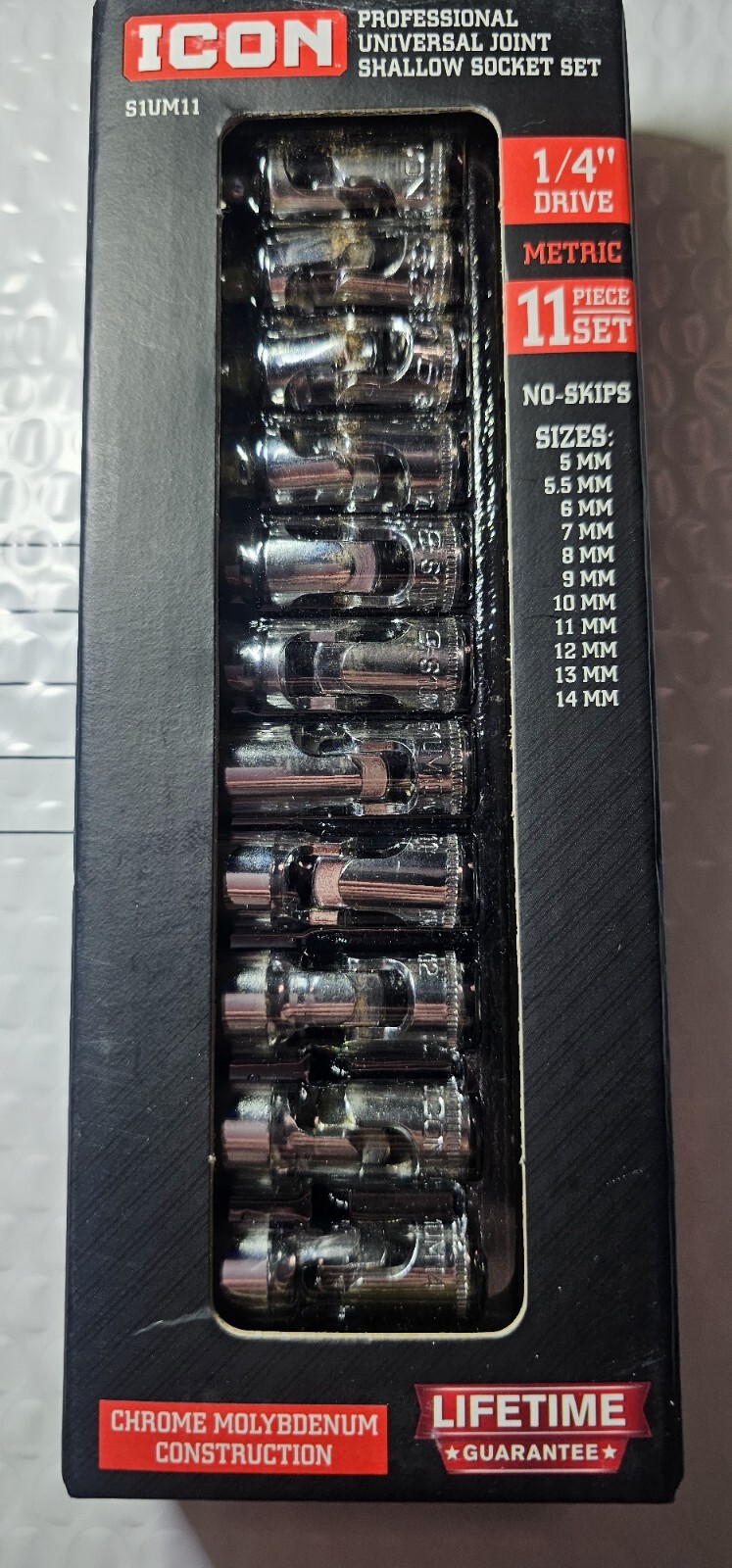 ICON 1/4″ DR METRIC 11 PC UNIVERSAL JOINT SHALLOW SOCKET SET S1UM11 NEW IN BOX