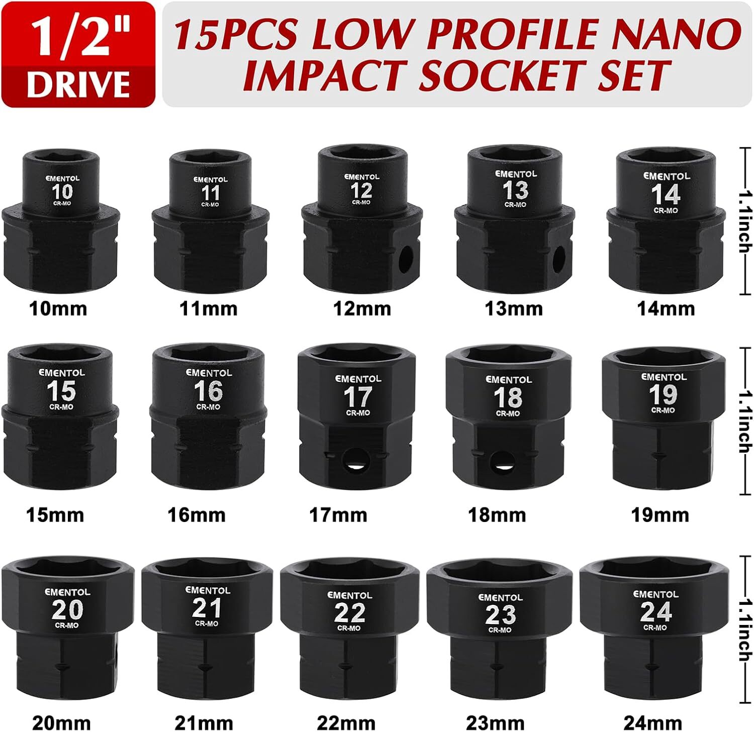15PCS 1/2″ Drive Low Profile Nano Impact Socket Set Metric 10mm-24mm, CR-MO