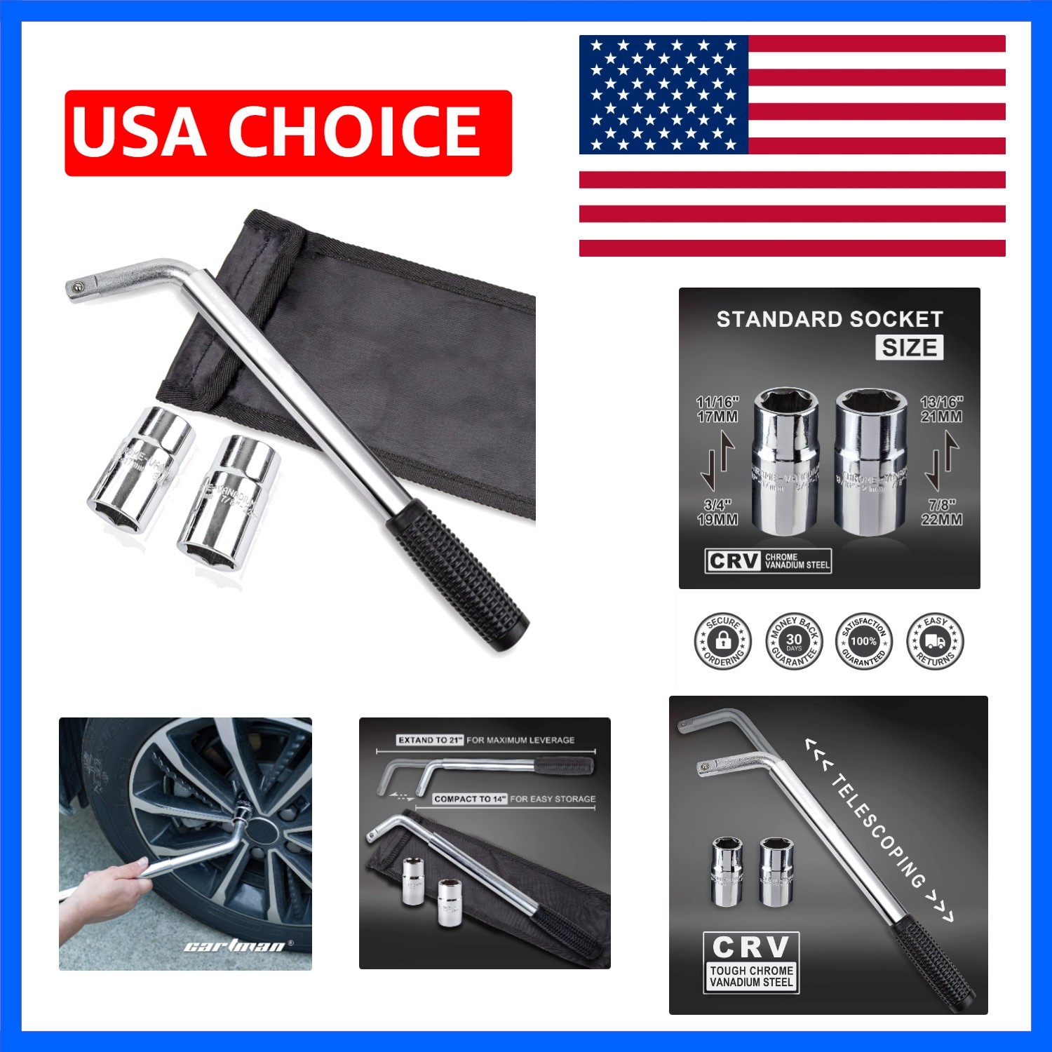 Telescoping Lug Wrench, Wheel Wrench with Standard CR-V Sockets 17/19, 21/22mm