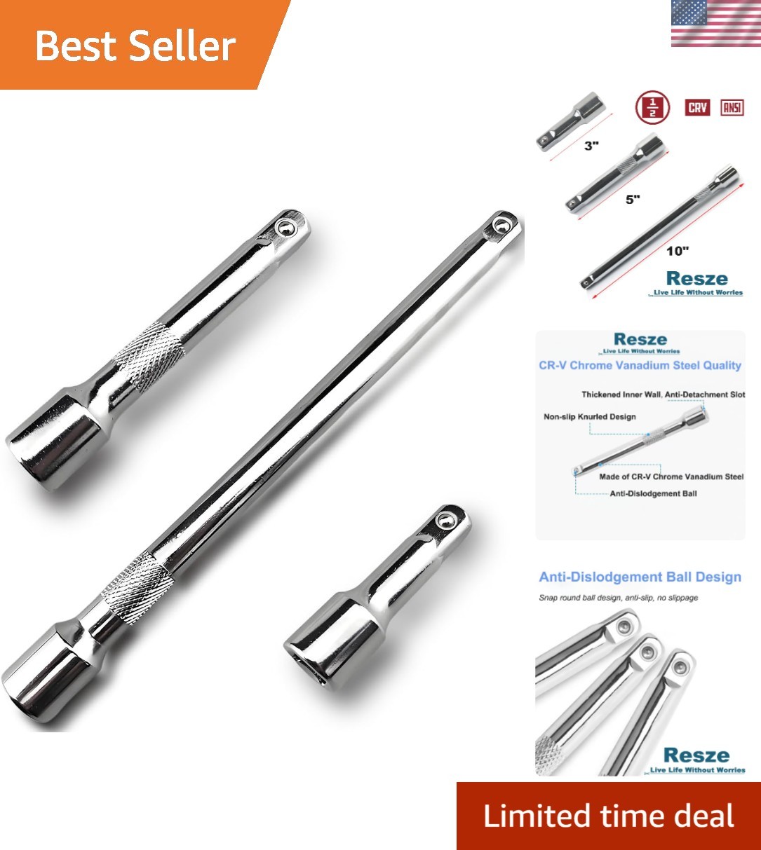3-Pc Ratchet Extension Set – Non-Slip Grip, Spring Loaded, Corrosion Resistant