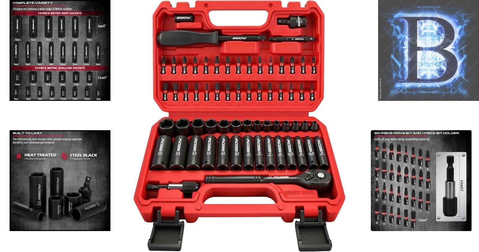 Durable 64-Piece Impact Socket Set with S2 Power Bits & Laser-Engraved Sockets