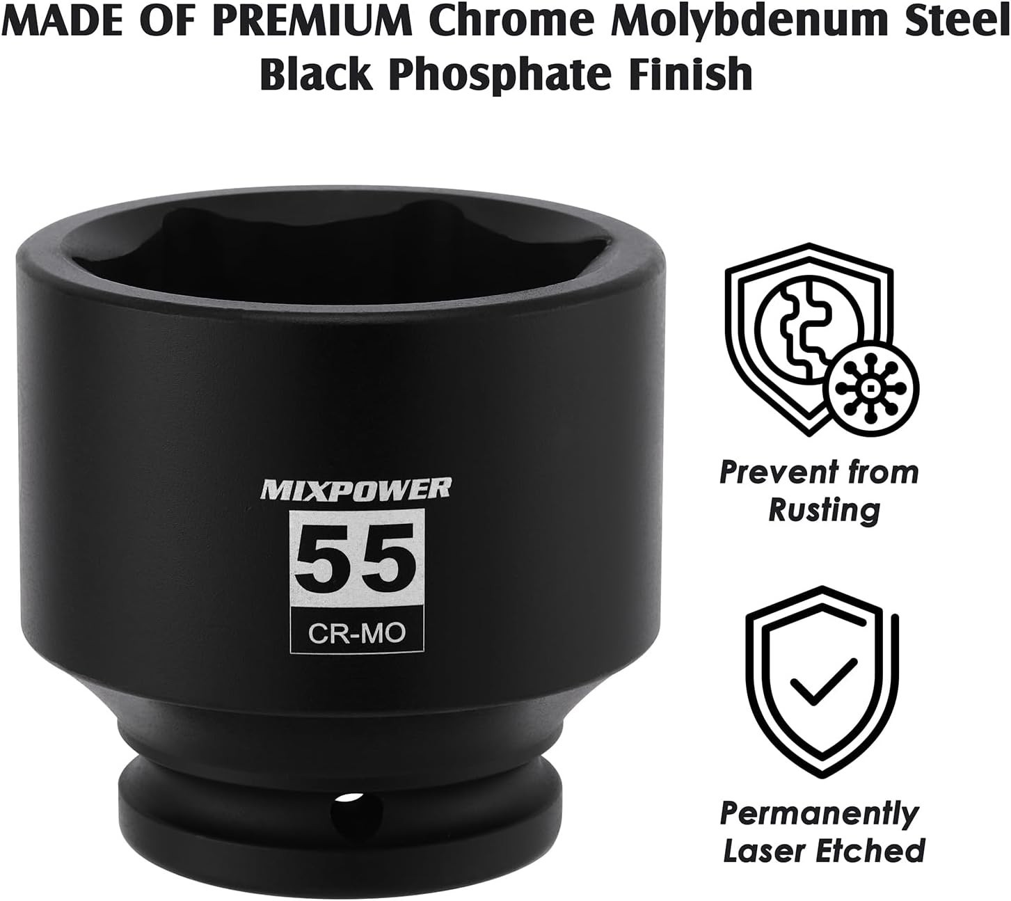 3/4 Inch Drive Shallow Impact Socket 55mm CR-MO Metric 6 Point Axle Nut Impact