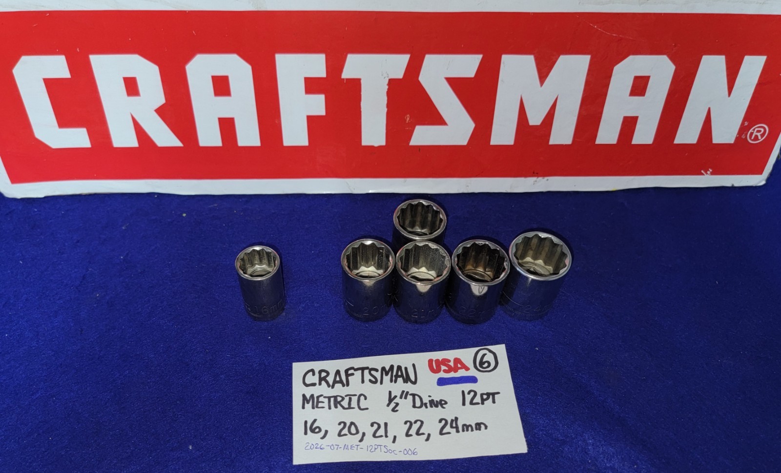 CRAFTSMAN 1/2″ Drive 12PT Socket LOT 16mm, 20mm, 21mm, 22mm & 24mm Made in USA