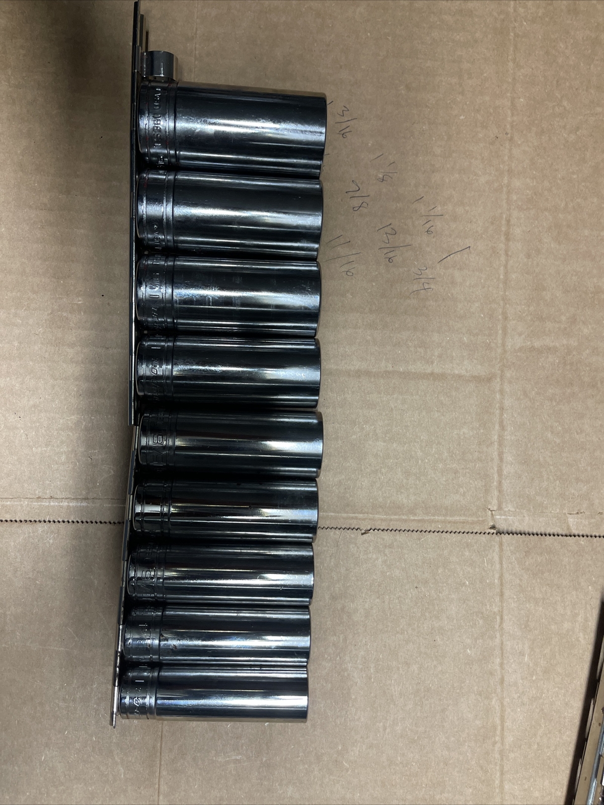 Snap On Deep Socket Set Of 9. 1-3/16,1-1/8,1-1/16,1,15/16,7/8,13/16,3/4,11/16,