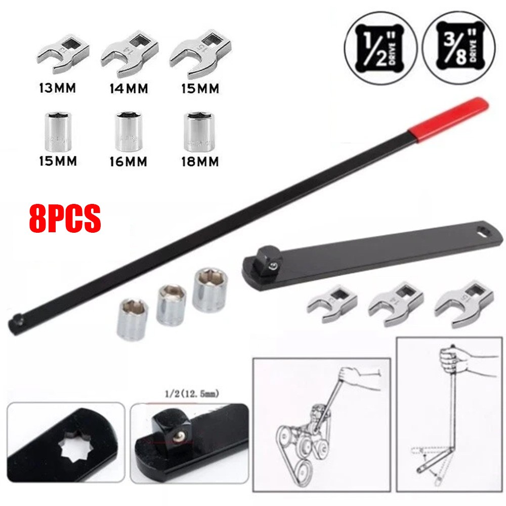 8 pcs Serpentine Belt Tool Set 3/8″ 1/2″ Pulley Wrench Installation Removal Tool
