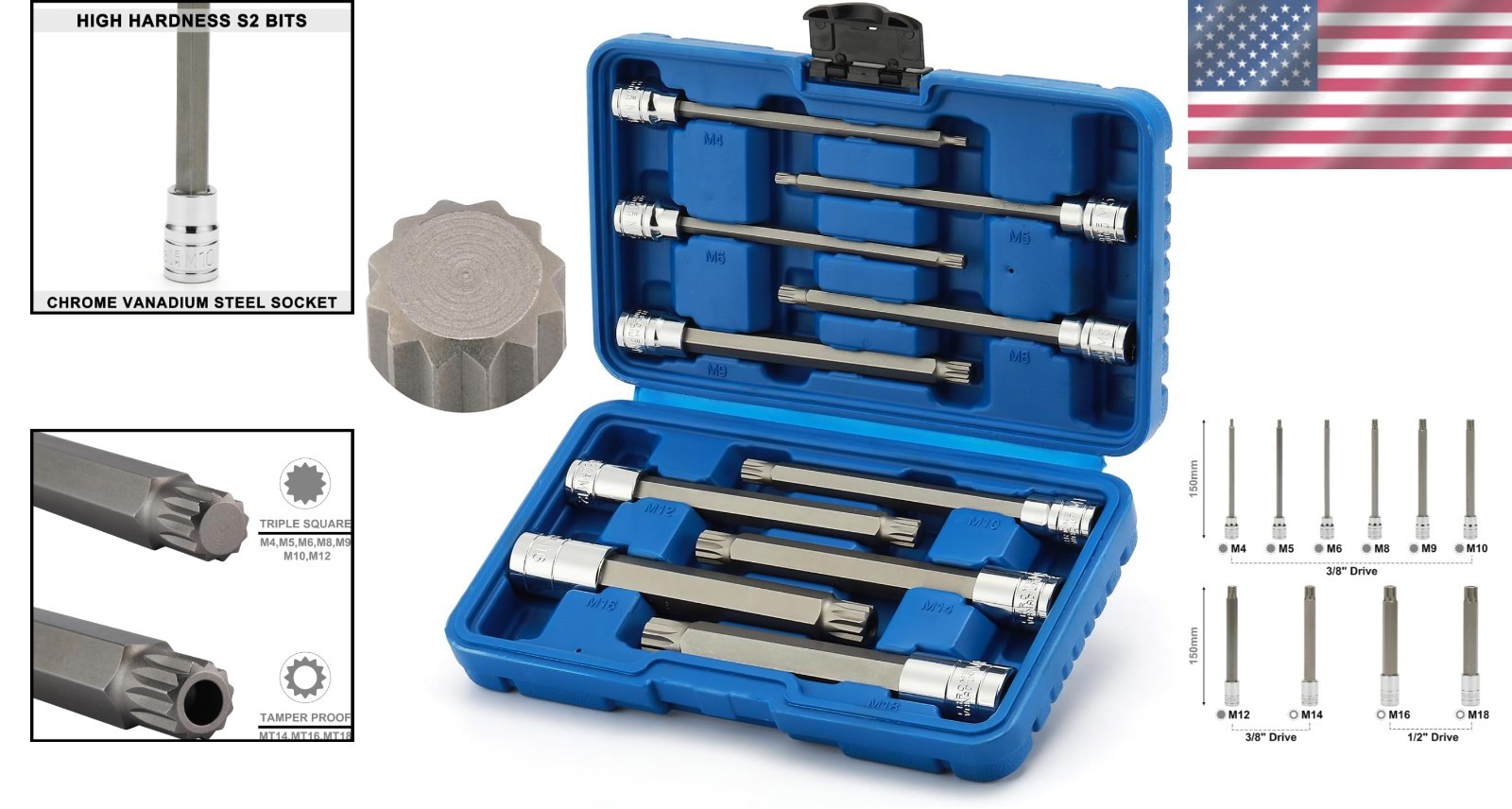 10-Piece XZN Bit Socket Set, 3/8″ & 1/2″ Drive