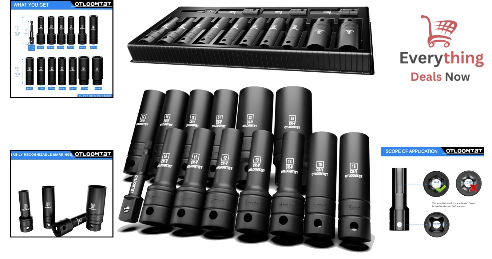 14pc 1/2″ Impact Socket Set Metric Deep Sockets Heavy Duty Mechanical Tool Kit