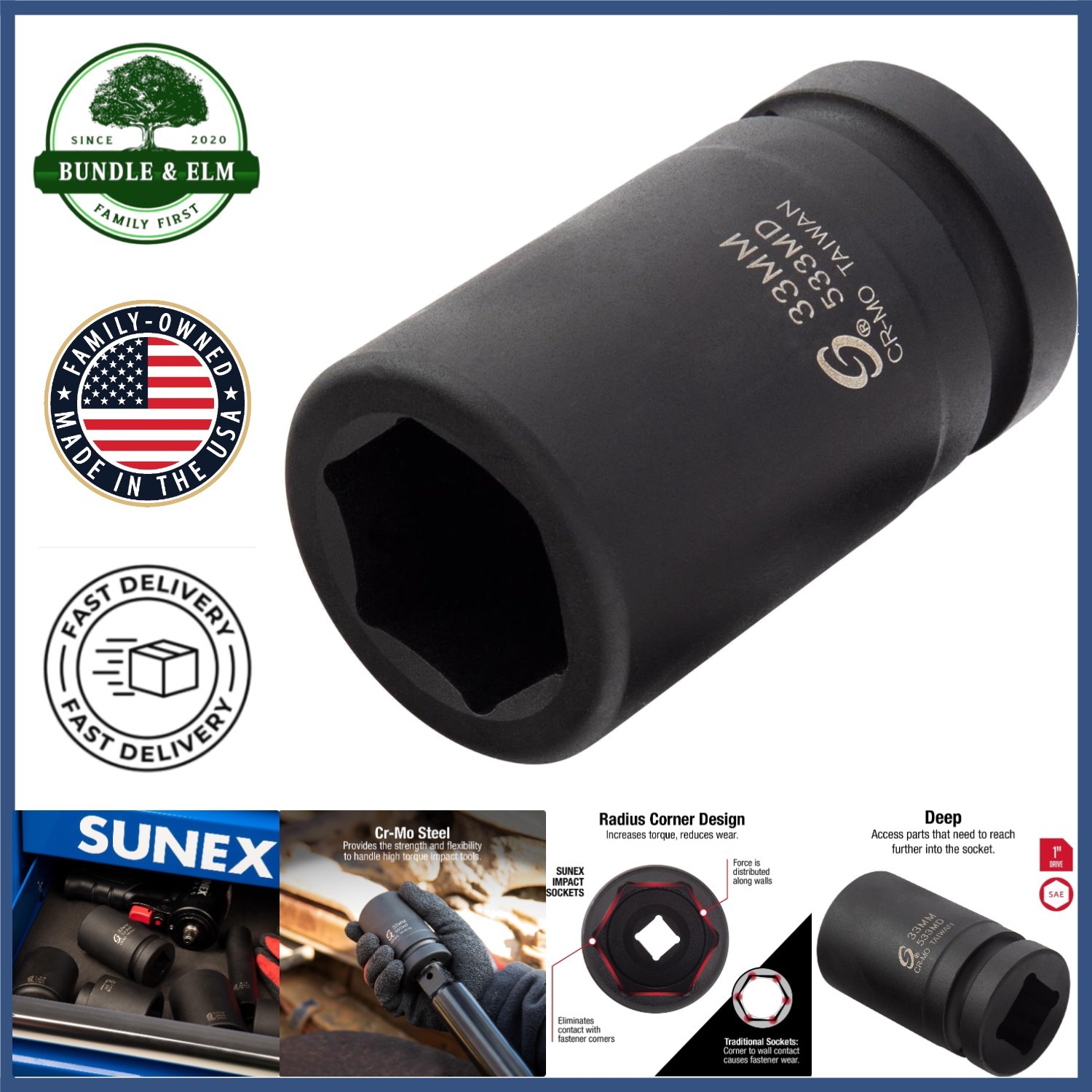33mm Deep Impact Socket, 1 Inch Drive, Chrome Molybdenum Steel, Manganese Finish