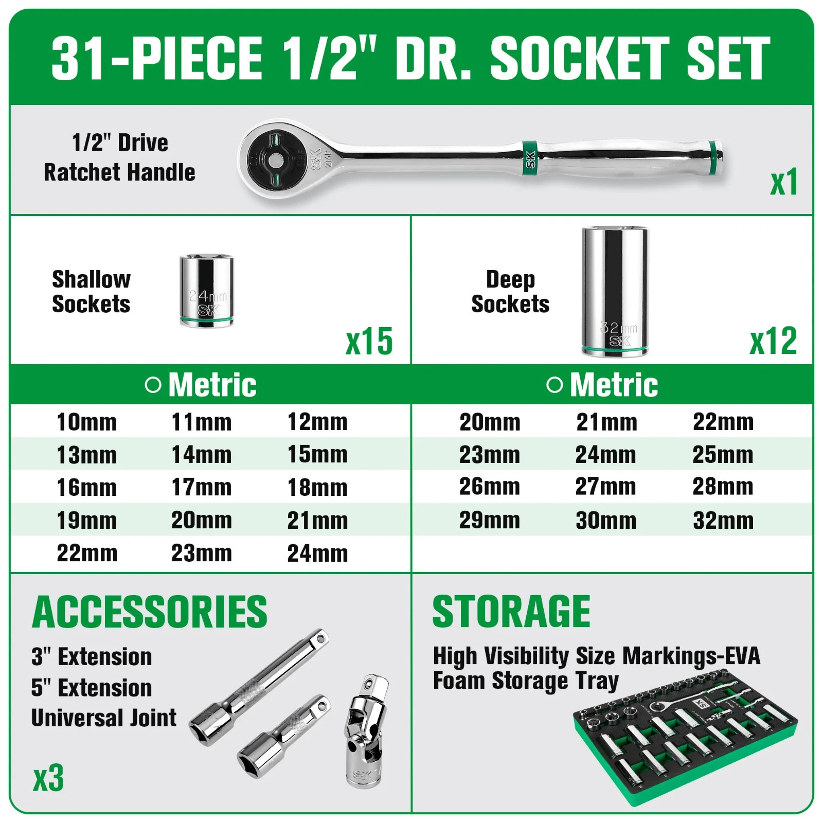 SK Tools SKTSK01315-216P 31Pc 1/2″Dr, 6Pt, Standard & Deep, Metric Socket Set