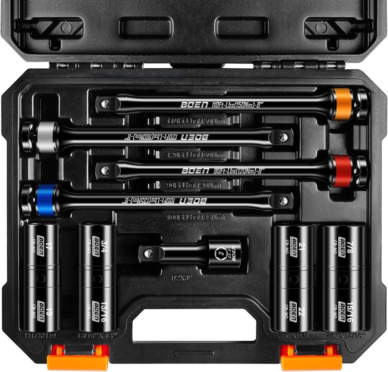 9PCS 1/2 Drive Torque Limiting Extension Bar Lug Nut Socket Set Cr-Mo