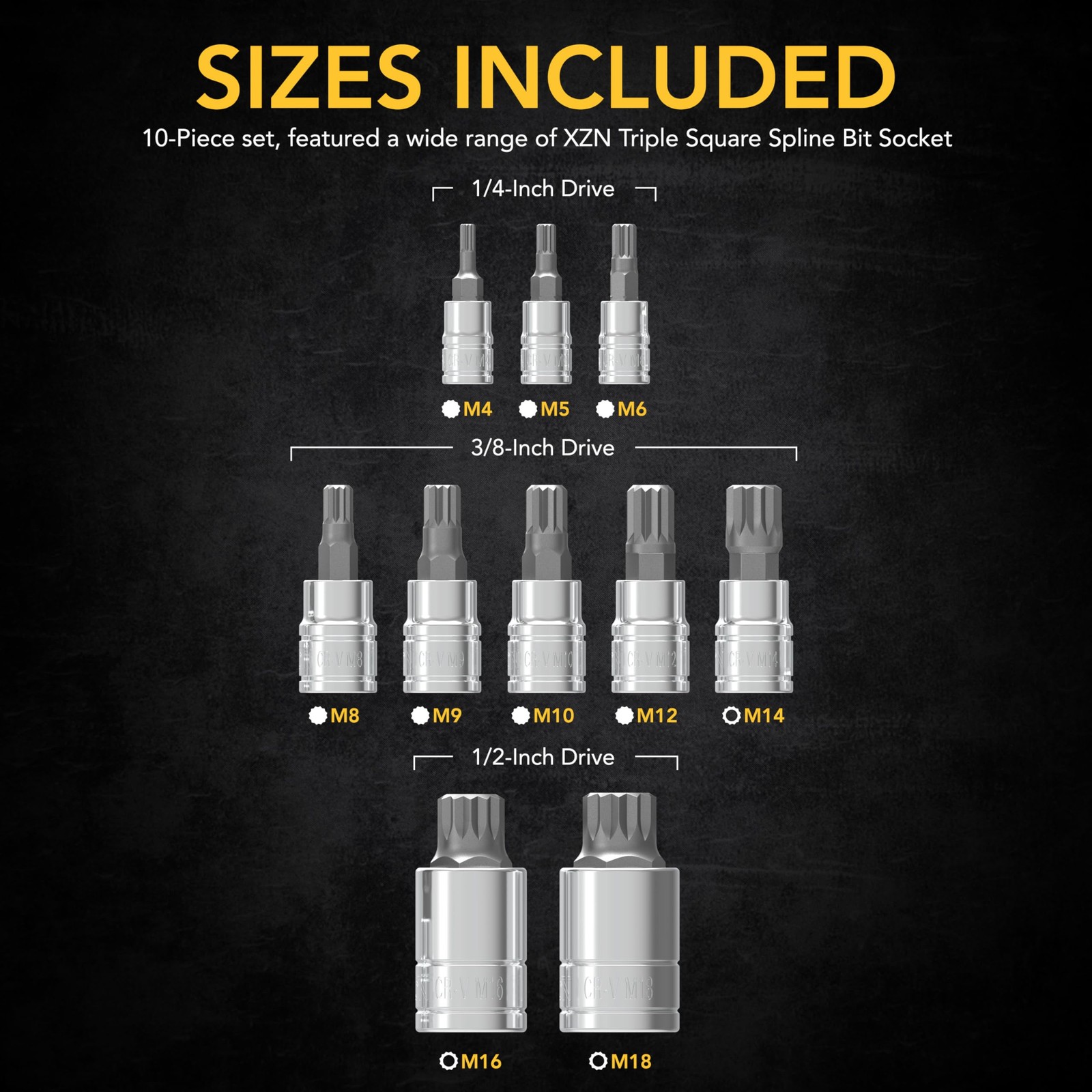 XZN Triple Square Spline Bit Socket Set, Premium S2 Alloy Steel | 10Piece Eur…