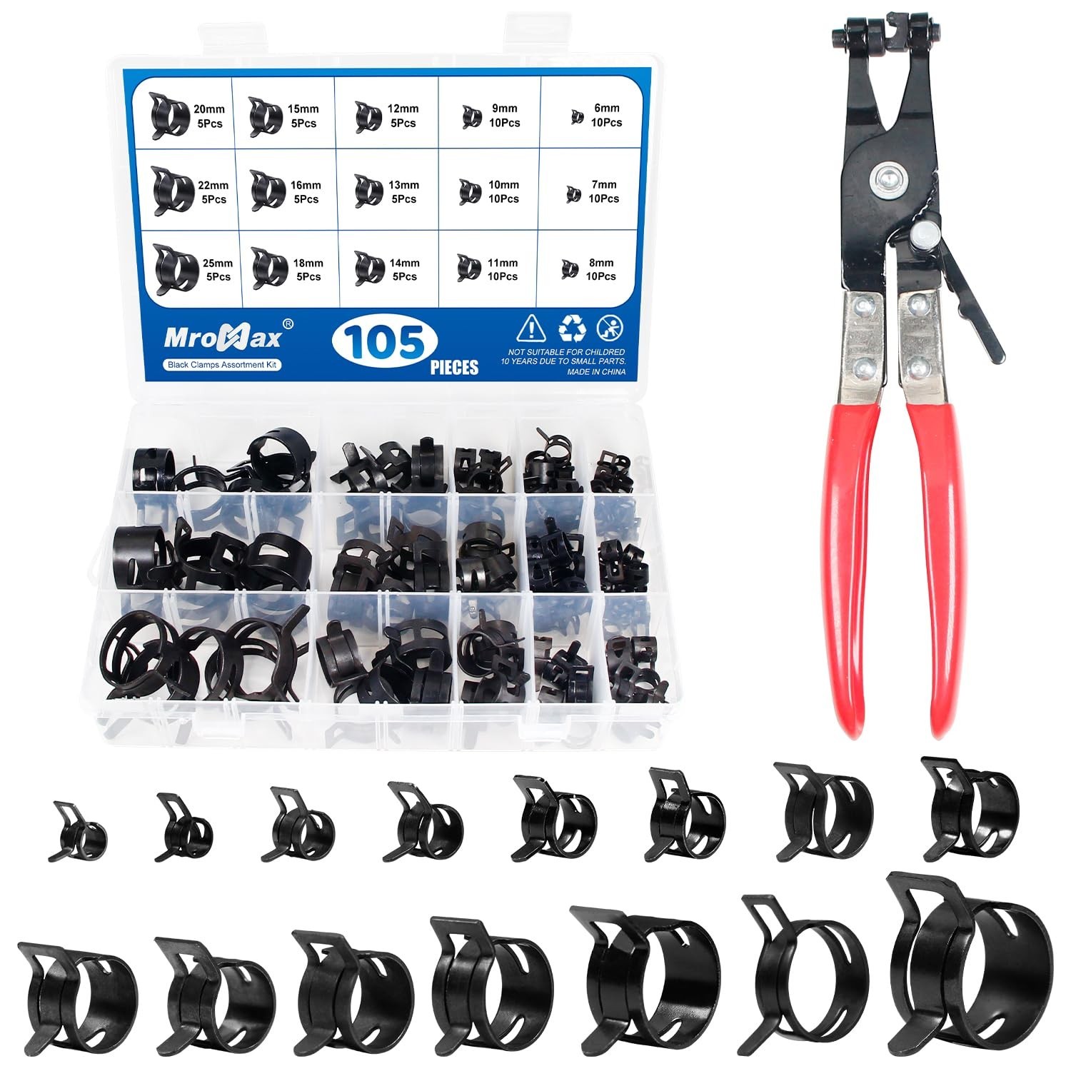 105Pcs Spring Band Hose Clamp Assortment Kit – 15 Sizes with Pliers, Fuel & Vacu