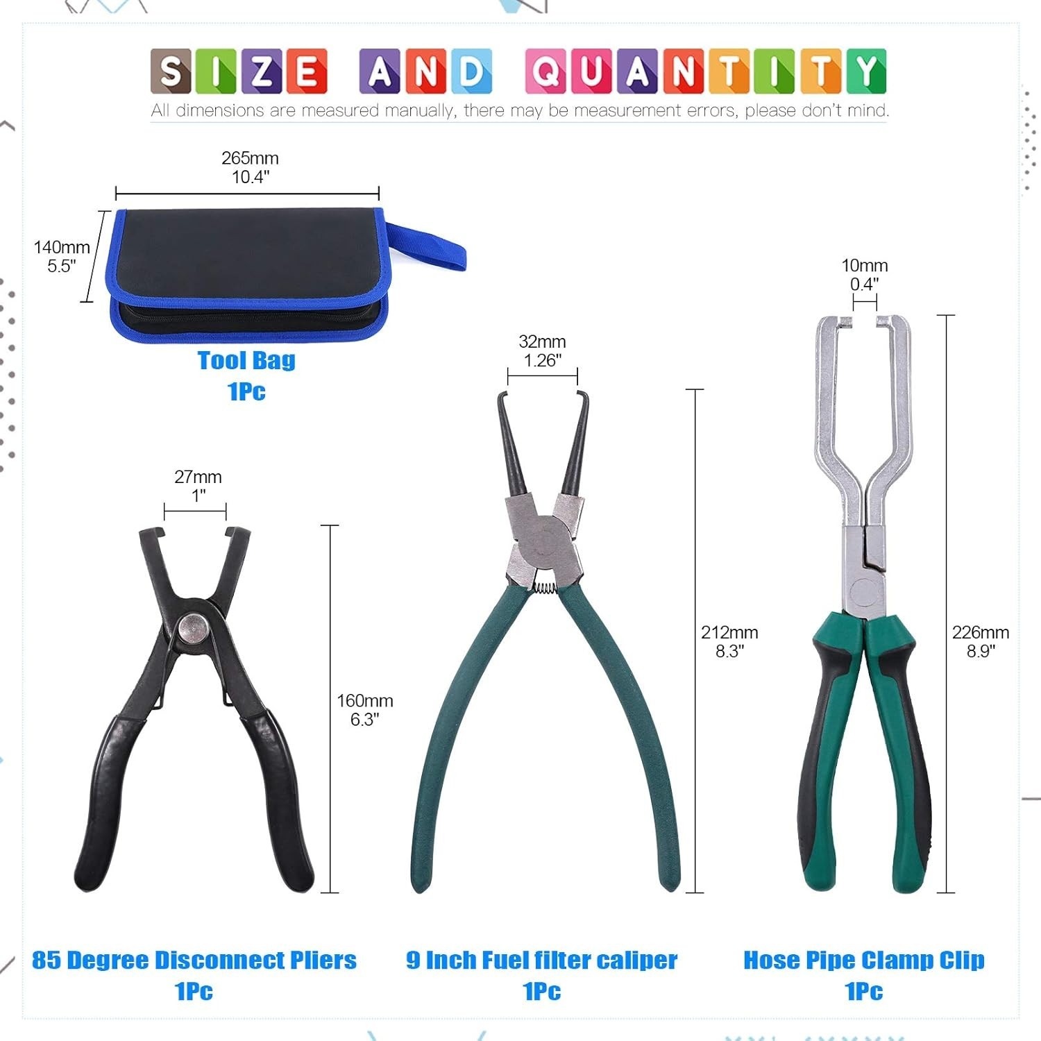 Essential 3-Piece Fuel Line Tool Set: 9-Inch Caliper & 80-Degree Pliers for Cars