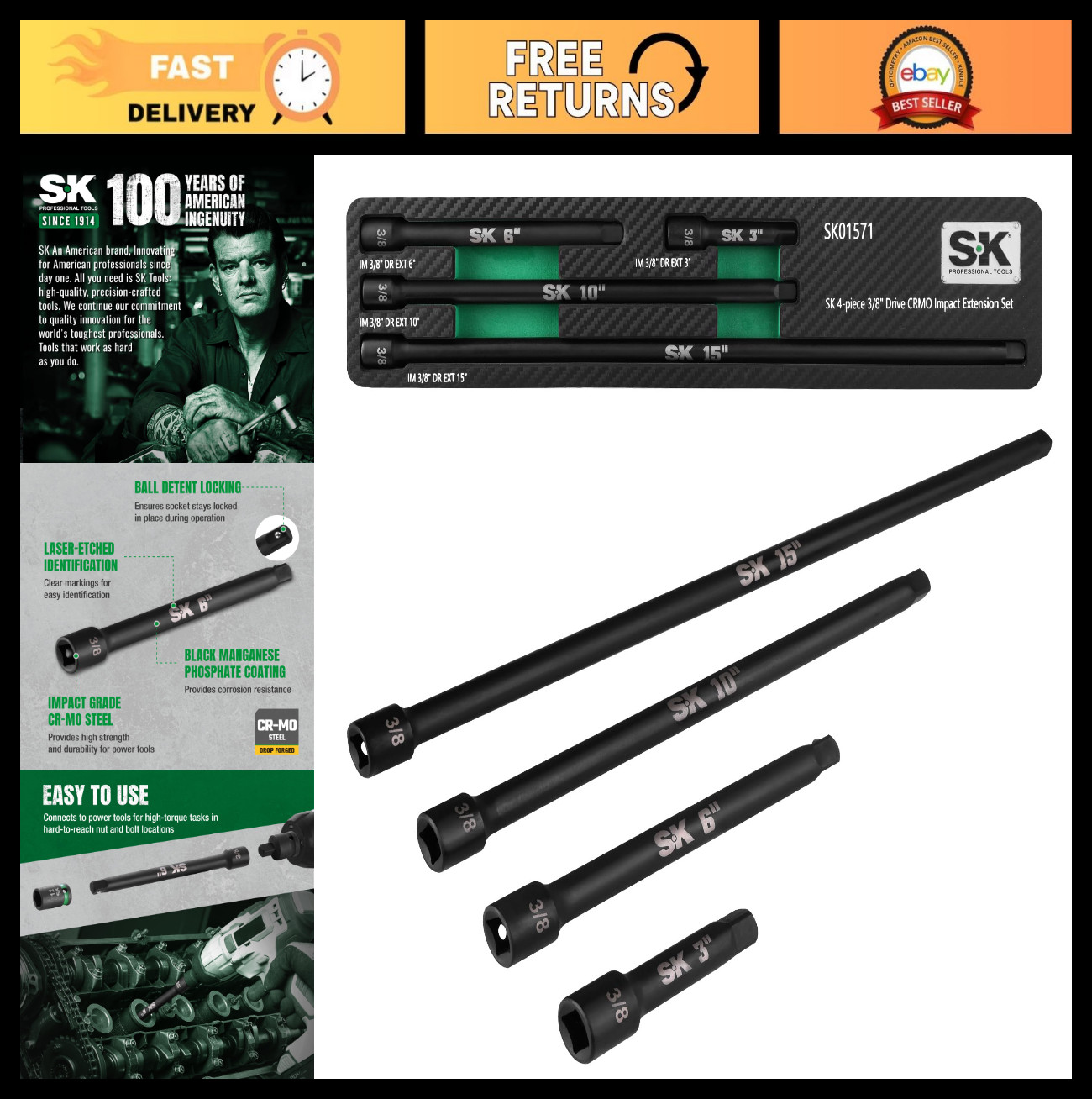 4-Piece Impact Socket Extension Set 3/8″ Drive – 3″, 6″, 10″, 15″ Cr-Mo Steel