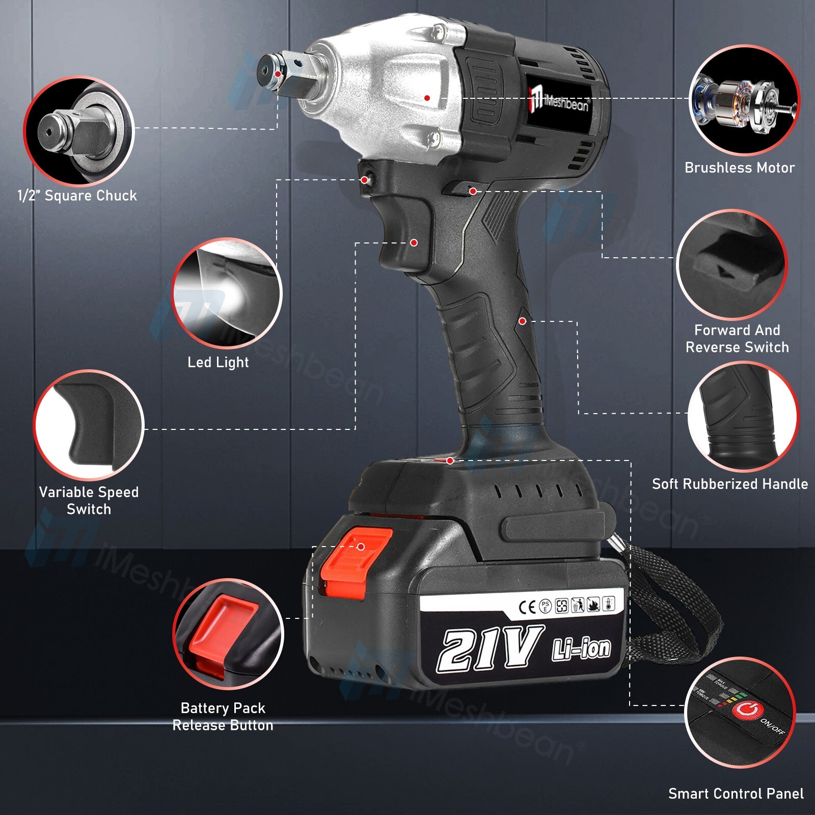 800Nm Cordless Electric Impact Wrench 1/2» Gun High Power Driver Li-ion Battery