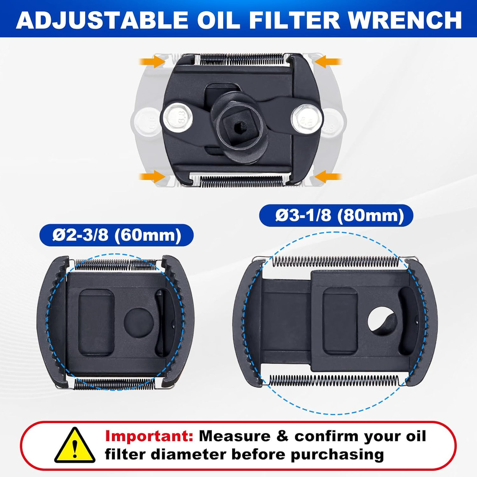 Adjustable Oil Filter Wrench 2-3/8 to 3-1/8 inch 60-80mm Universal 1/2 Inch