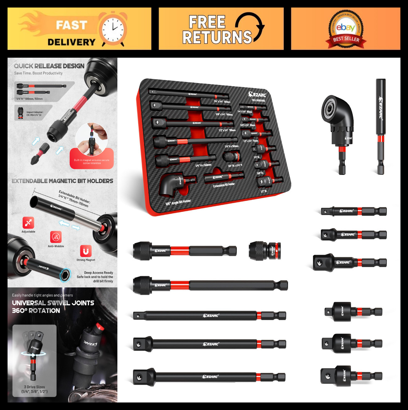 14PCS Impact Socket Adapter Set | 1/4″, 3/8″, 1/2″ Drive, Magnetic Holder, Quick