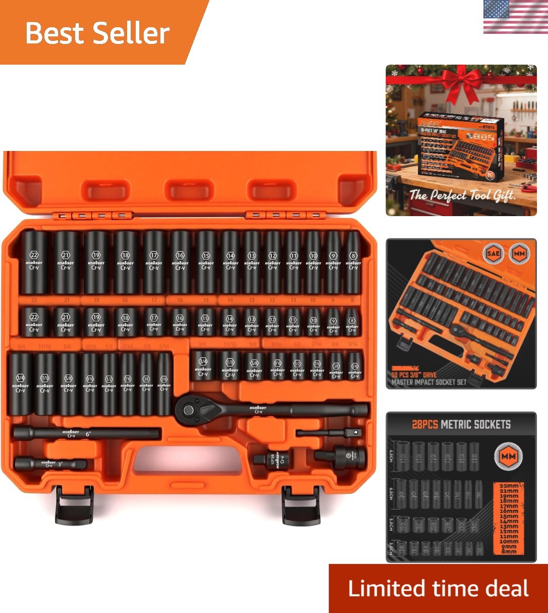 Durable 50-Piece 3/8» Drive Impact Socket Set – Corrosion-Resistant & Organized