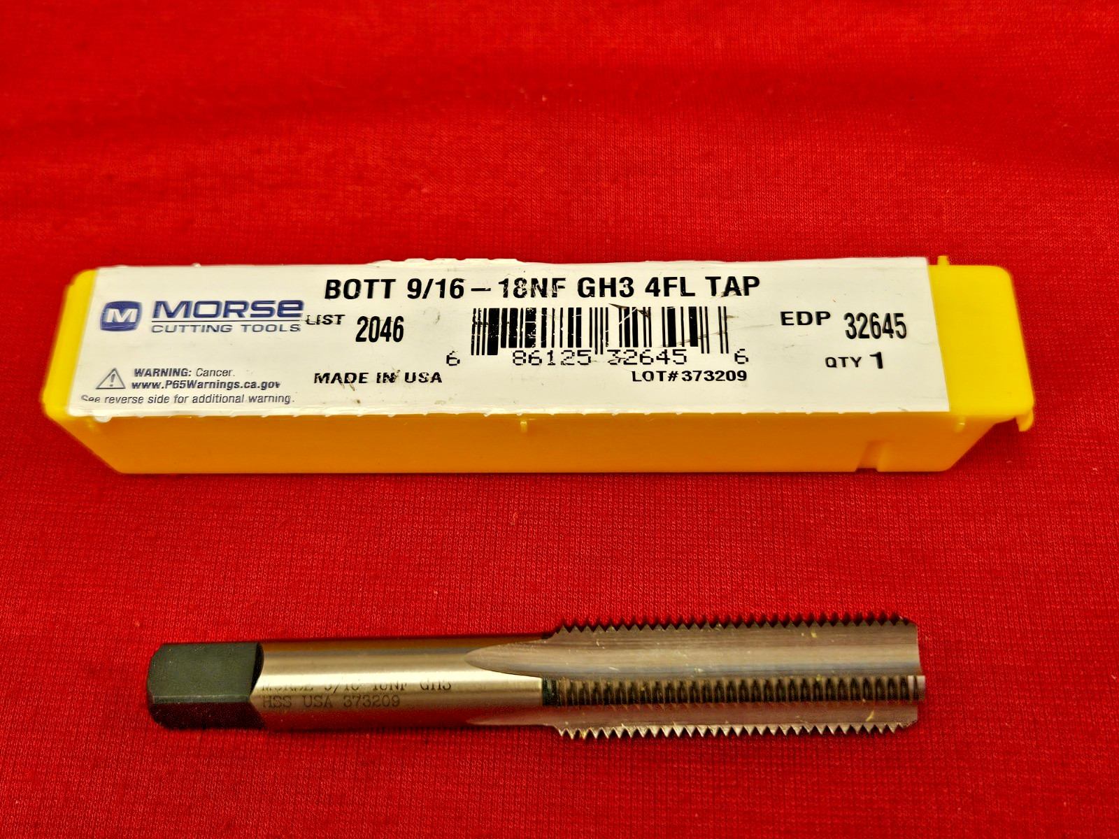 9/16-18 Bottom Tap NF Morse MT3732645 High Speed Steel 4FL GH3 USA