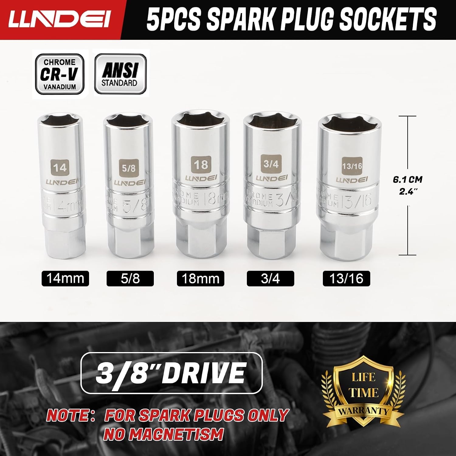 3/8 Inch Drive Spark Plug Socket Set SAE & Metric, High Visibility 6 Point So…