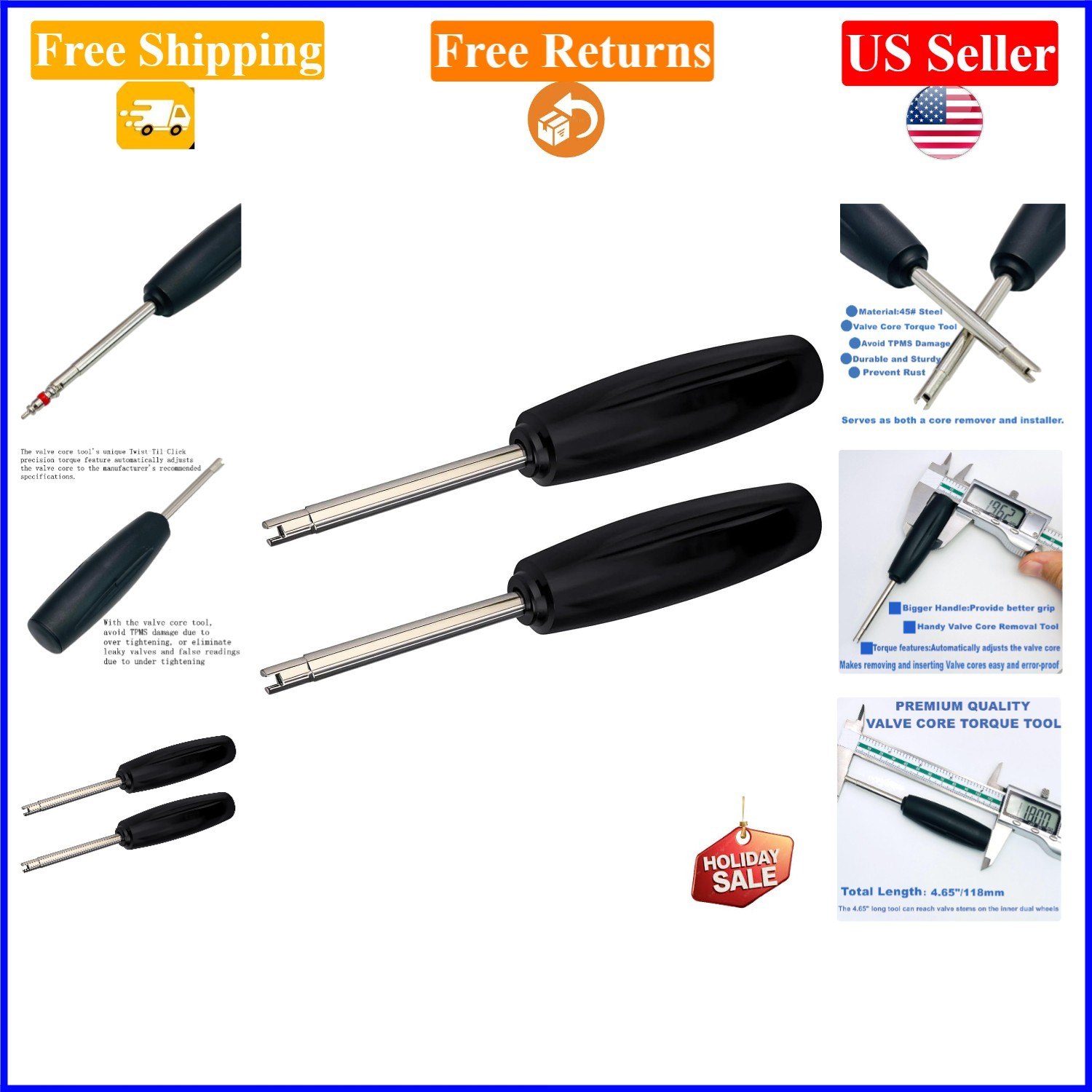 2 Pcs Valve Core Torque Tool for Cars & Bikes, Black & Silver, Professional