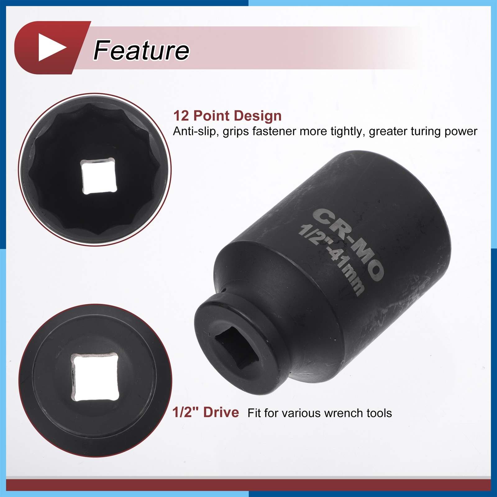Universal 1/2 Inch Drive Impact Socket 41mm 12 Point High Carbon Steel 1Pcs