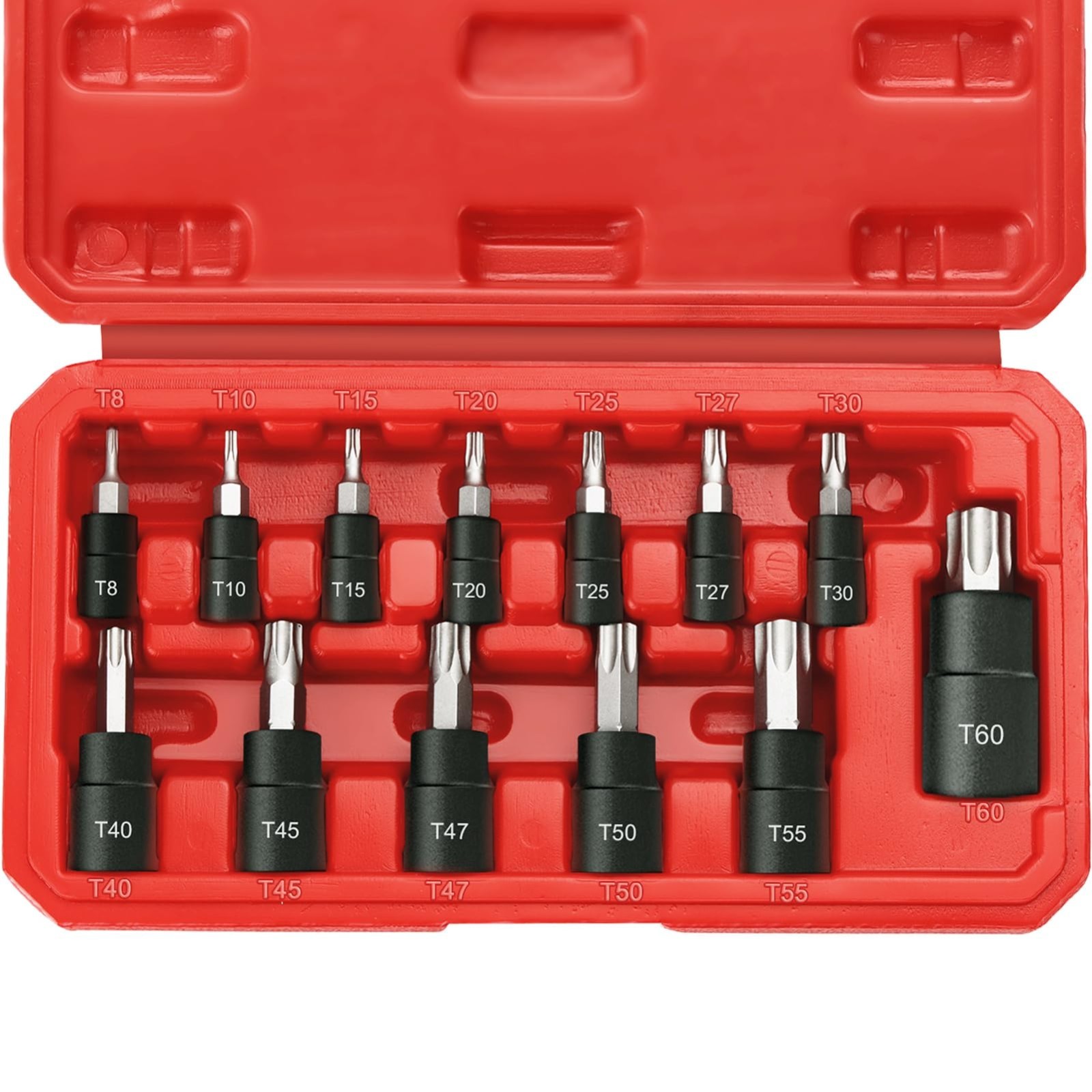 13-Piece Torx Bit Socket Set T8-T60, 1/4” 3/8” 1/2” Drive, S2 Steel & CR-V, Case