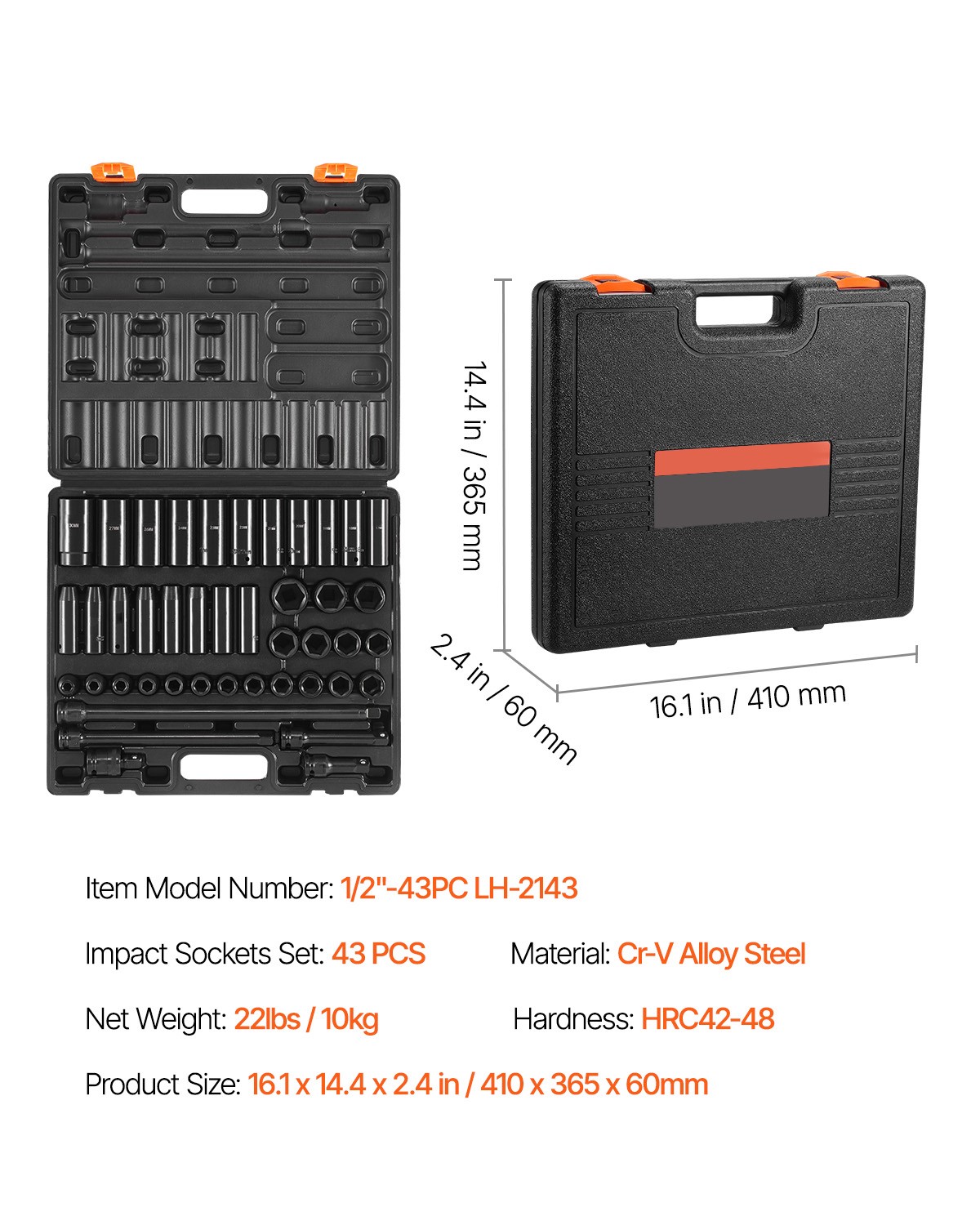 Impact SocketSet 1/2 Inch 43 Pcs Standard/Deep 9 to 30 MM 6-Point Extension Bar
