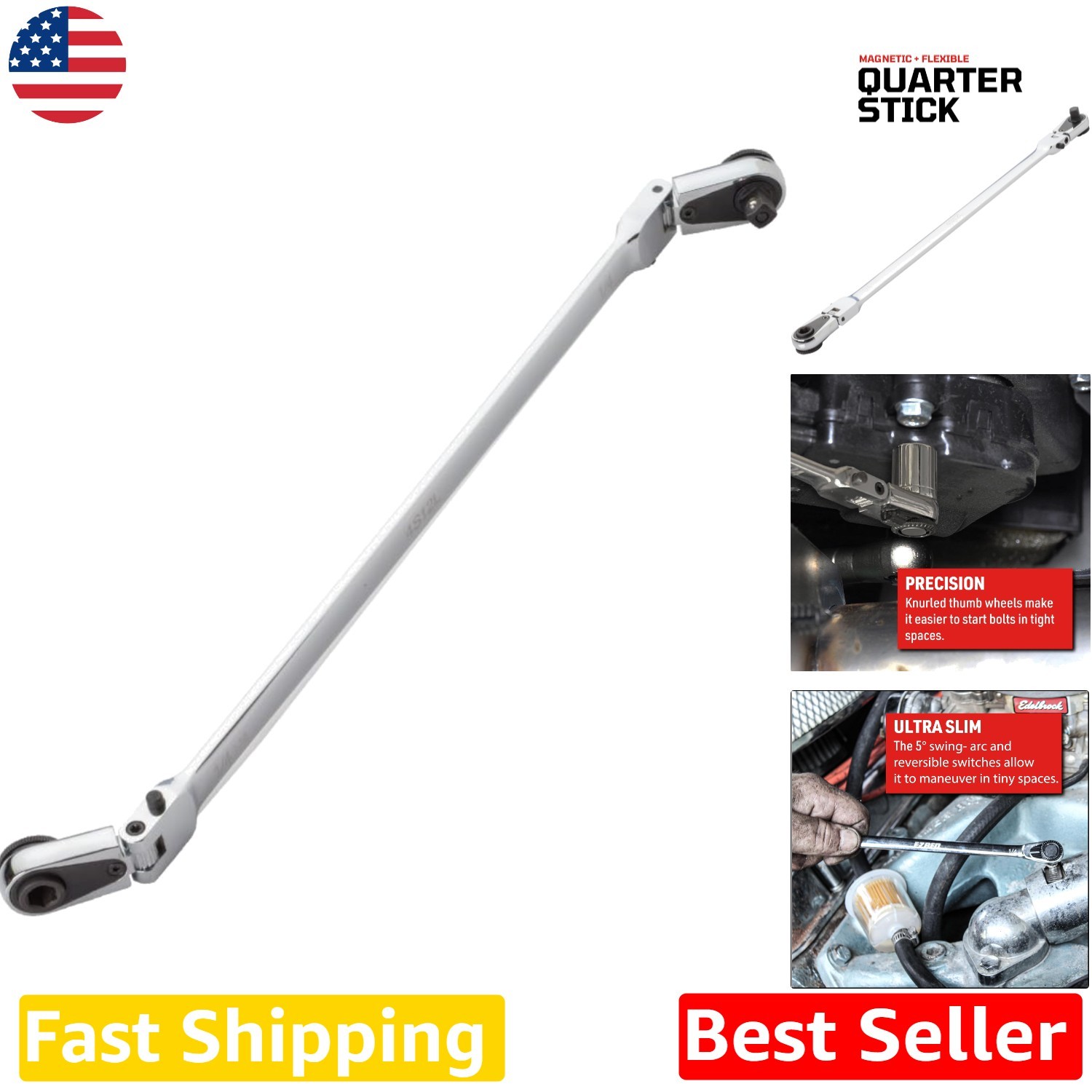 Durable 12″ Chrome Flex Ratchet – 1/4″ Square Drive & Magnetic Bit, Reversible