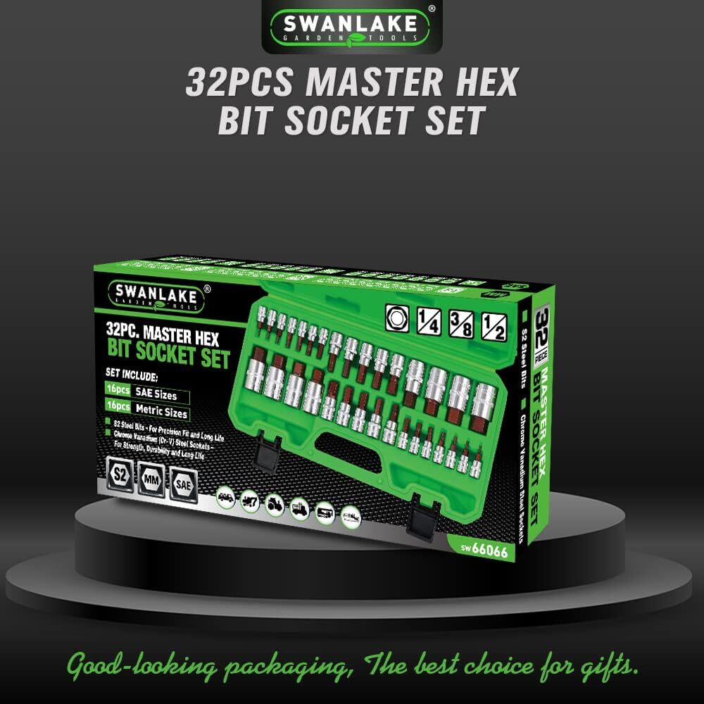 SWANLAKE 32Piece Hex Bit Socket Set,SAE Metric 1/4» 3/8′ 1/2» Drive Socket Set