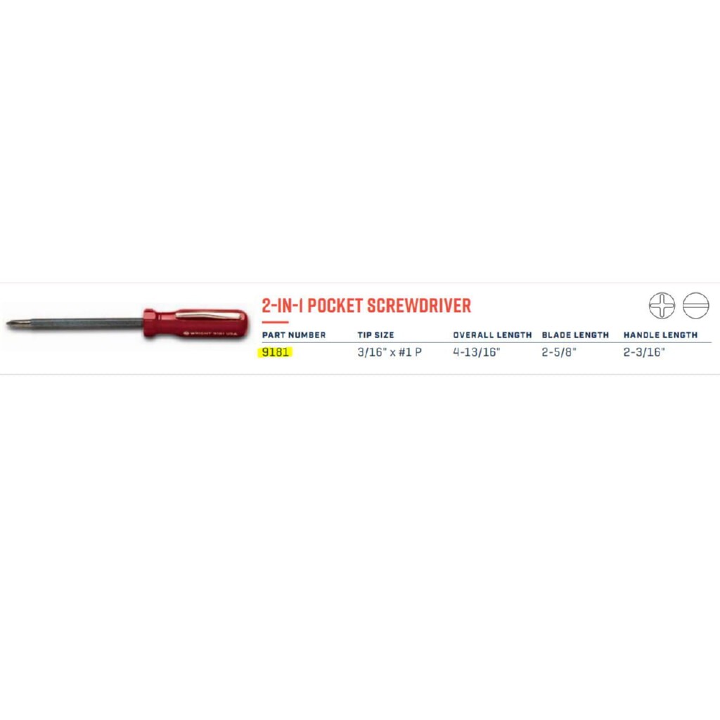 Wright Tool 9181 3/16″ x #1 P – 2-in-1 Screwdriver with Pocket Clip