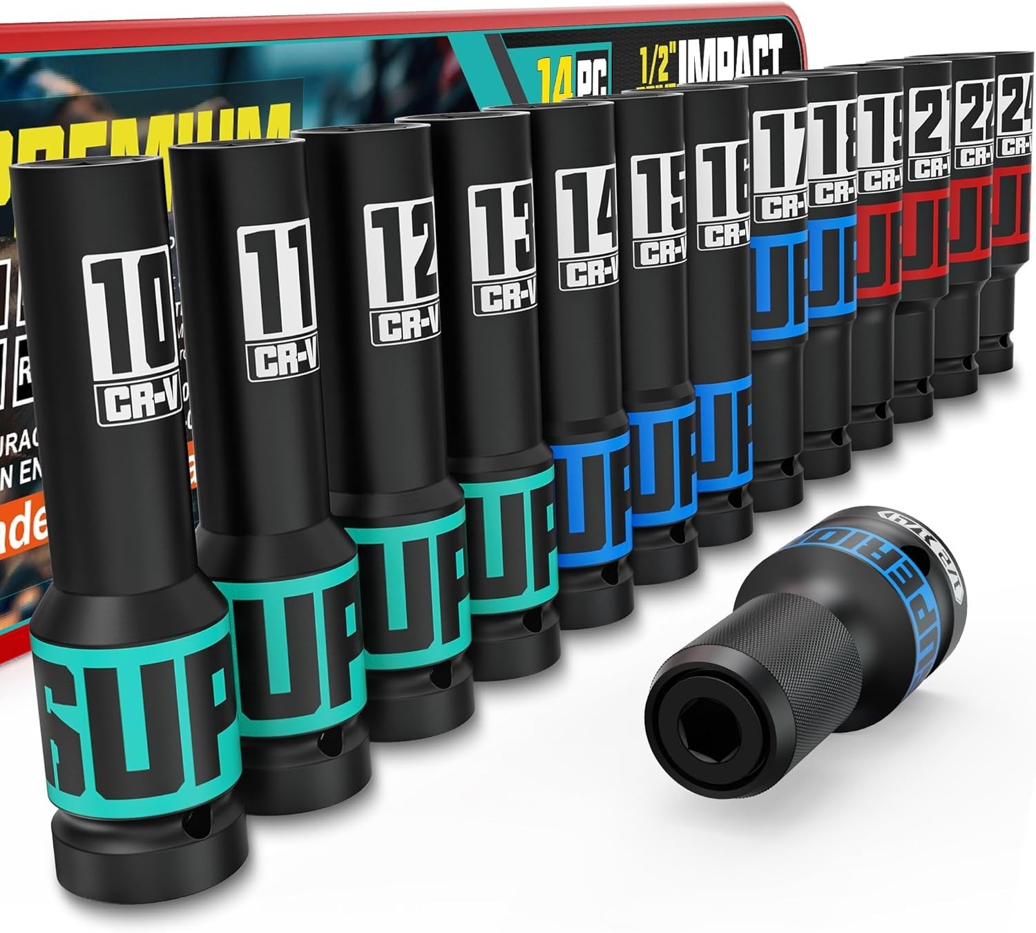 1/2”Drive Metric Deep Impact Socket Set,6-Point Design,14-Piece Set 10mm to 24mm