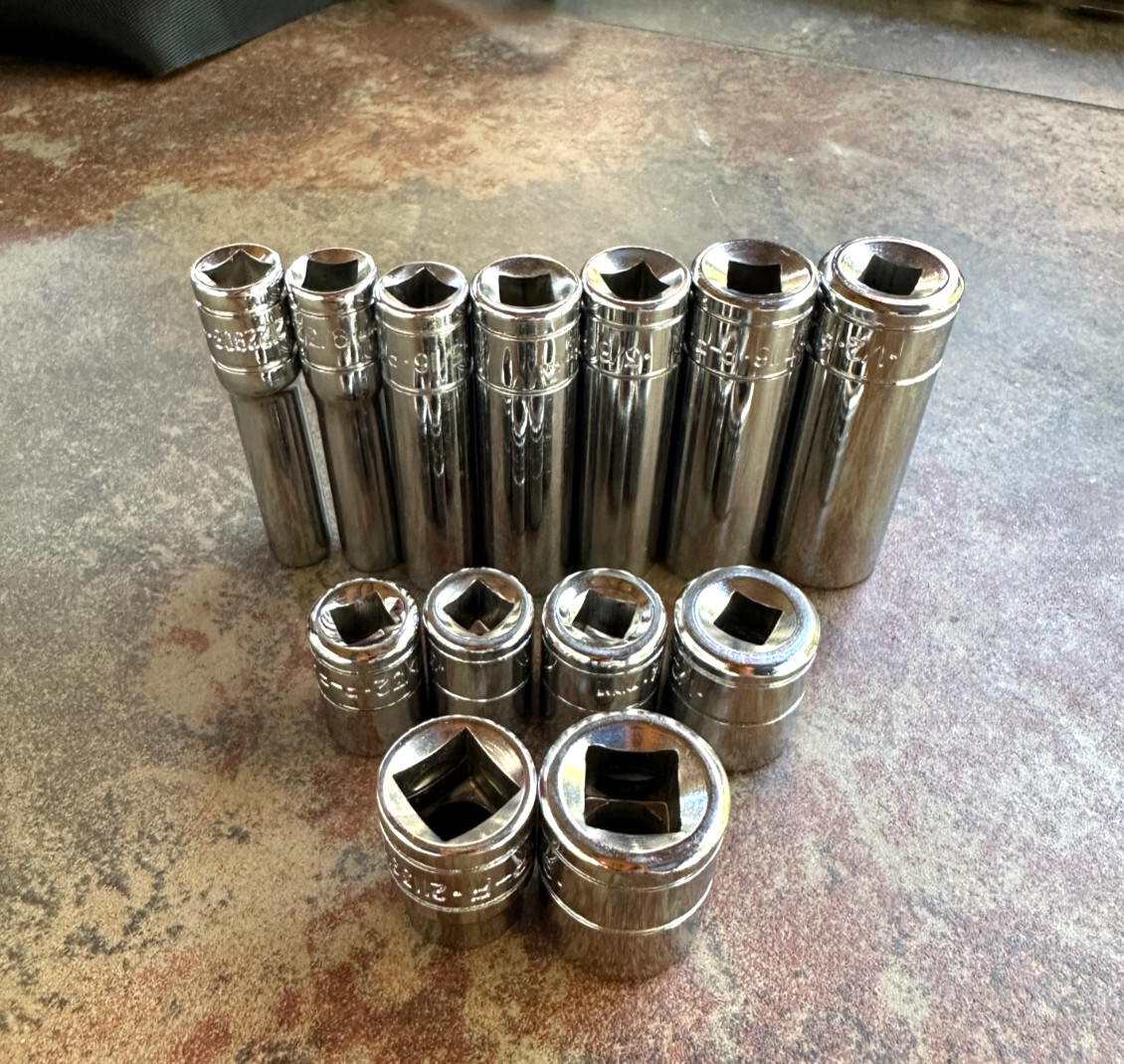 13 – P-F Deep and Normal Sockets 3/8 and 1/4 drive. Mostly New see sizes below