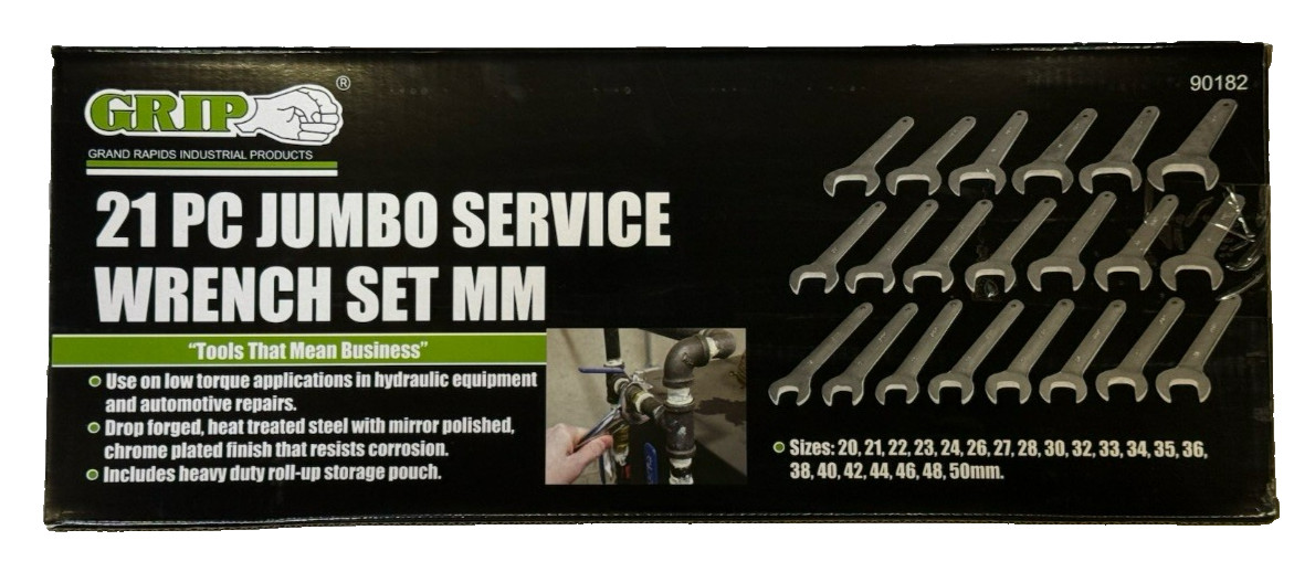 21pc GRIP Metric Service Wrench Set Farmer Style 20mm – 50mm MM Jumbo 90182 STD