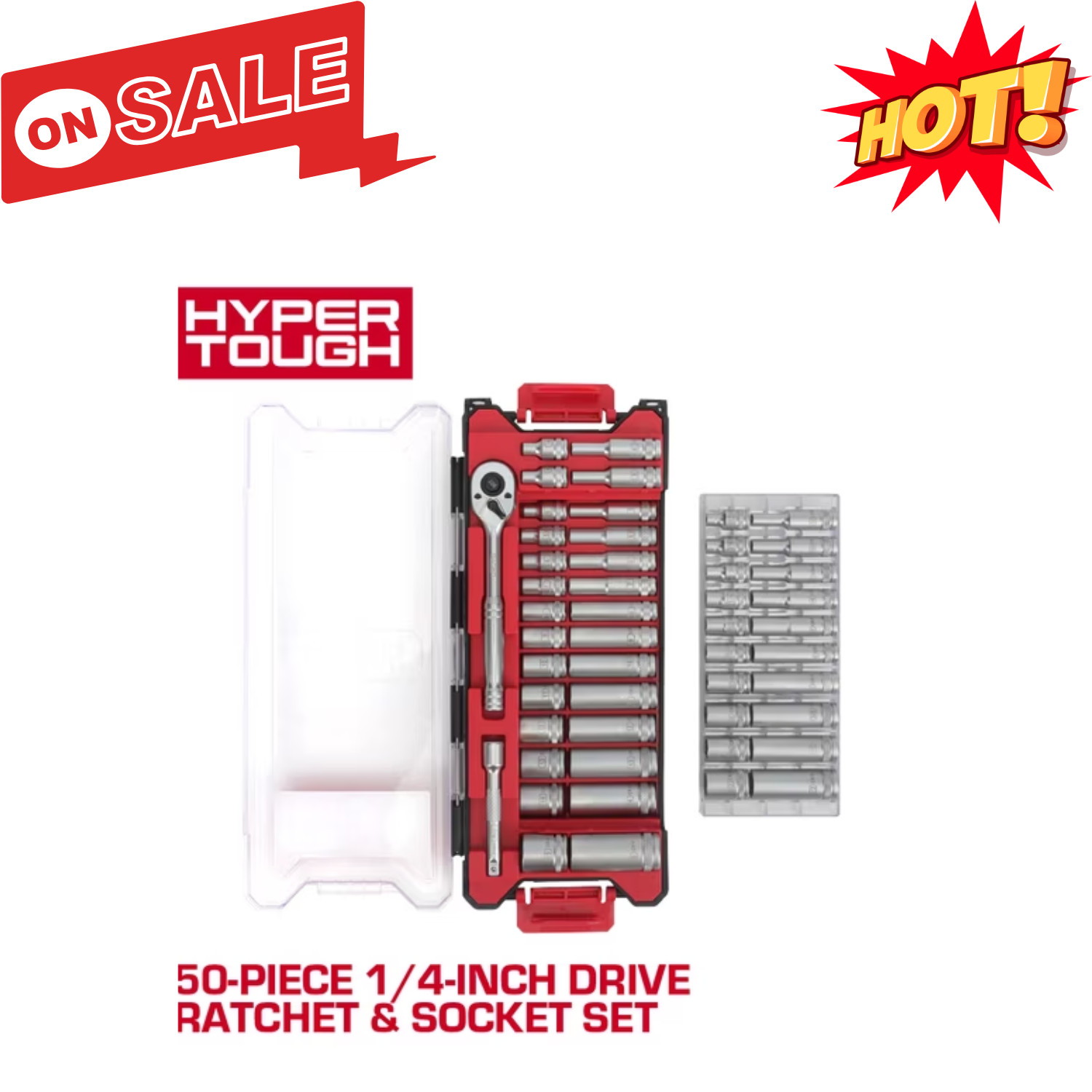Hyper Tough 1/4-Inch Drive Ratchet and Socket Set SAE and Metric 50 Pieces