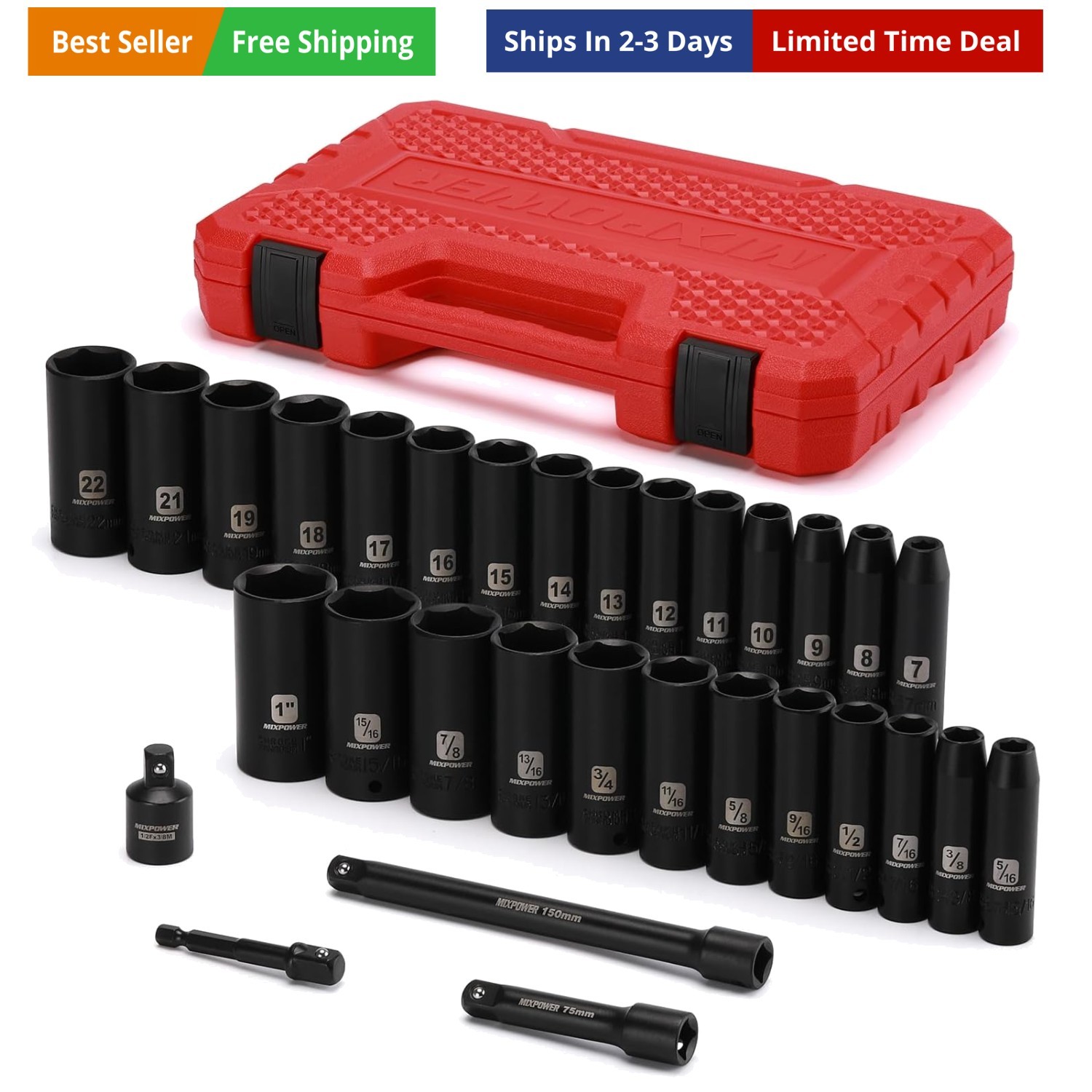3/8″ Drive Deep Impact Socket Set, 6 Point, 31 Piece SAE and Metric Socket Se…