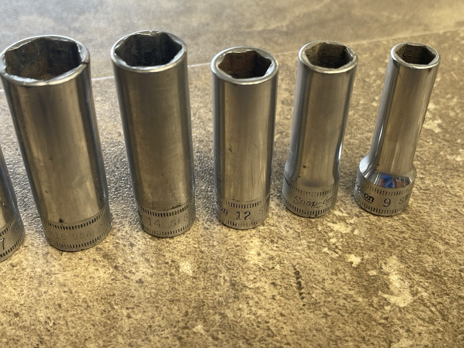 SNAP ON SFSM 3/8 DRIVE 6 POINT SOCKETS 19MM-18-17-16-14-12-11-9-7/16-5/8 10 PC