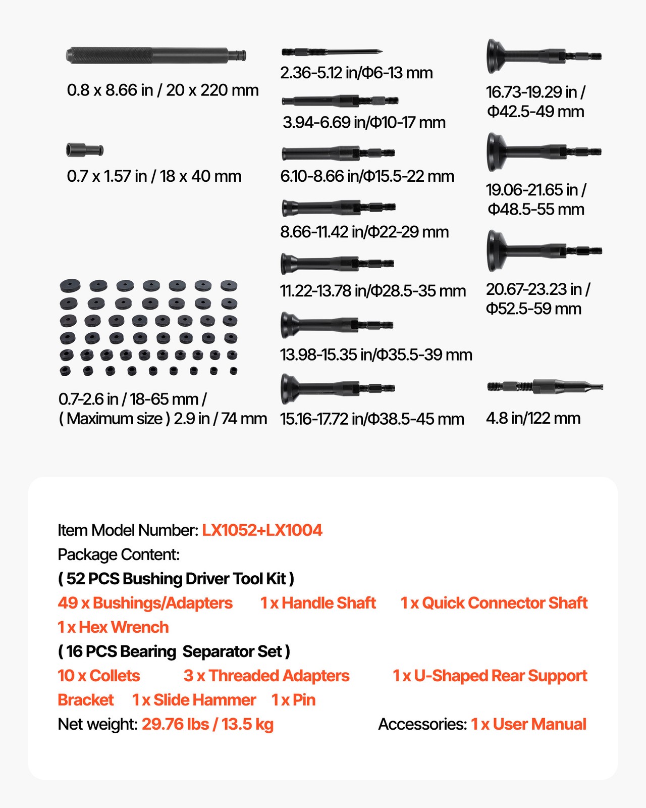 VEVOR Bearing Press Kit Bushing Bearing Seal Driver Removal Tool Set 52+16 Pcs