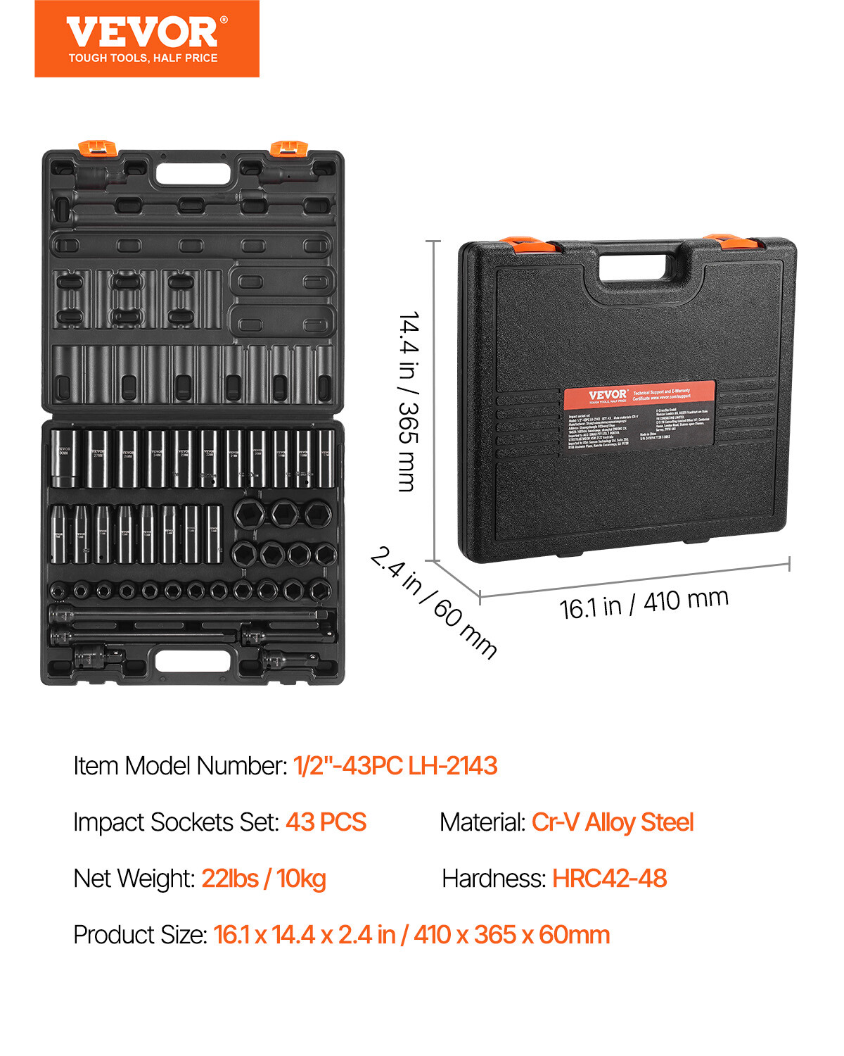 Impact Socket Set 1/2 Inch 43 Pcs Standard+Deep 9 to 30 MM 6-Point Extension Bar