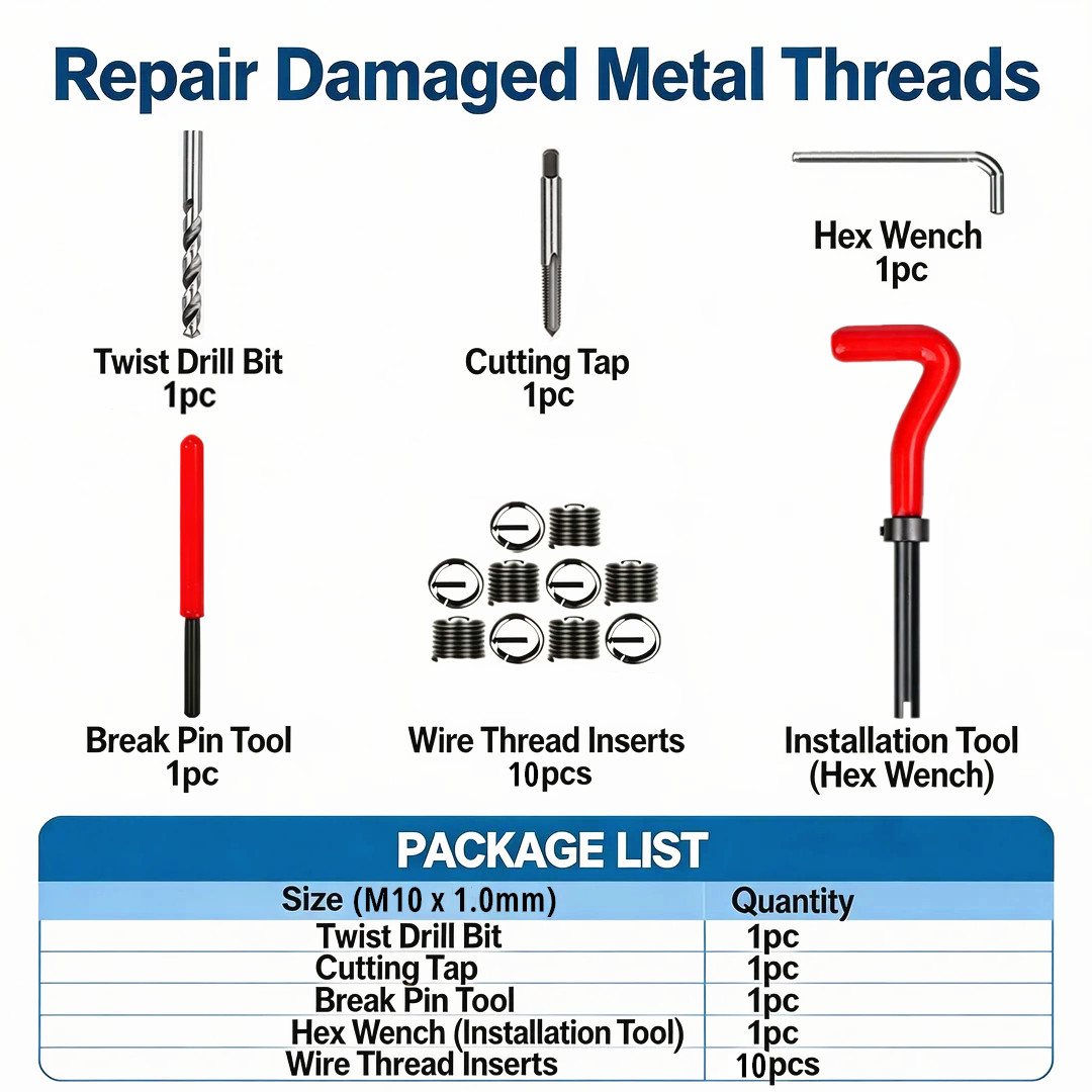 M10 x 1.0 Thread Repair Tool Stainless Helicoil Wire Insert Kit 15PC